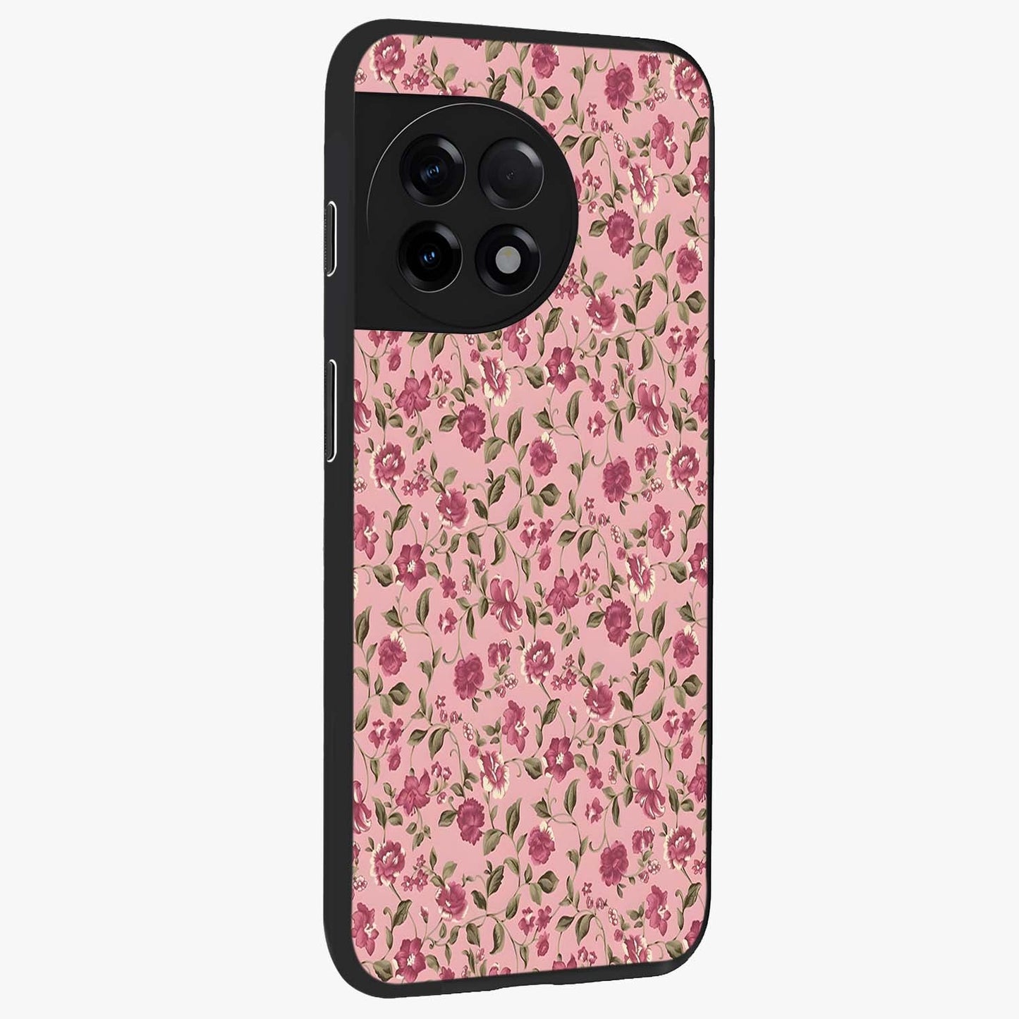 Charming Pink Floral Glass Case for 1+11R side perspective highlighting subtle floral textures and smooth edges