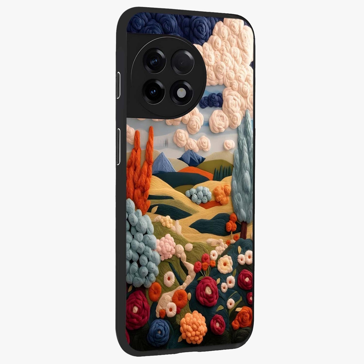 Cloud Cotton Meadows Printed Glass Case for 1+11R side perspective highlighting smooth edges and delicate meadow detailing