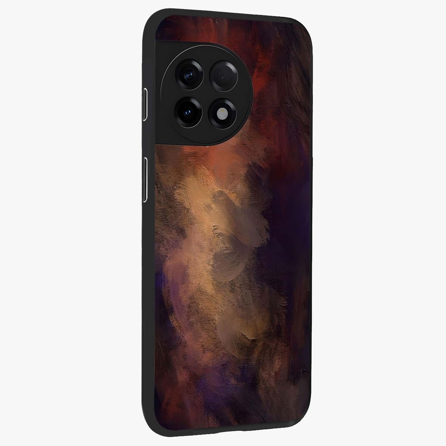 Crimson Dusk Whirl Glass Case for 1+11R side perspective highlighting fluid red textures and sleek build