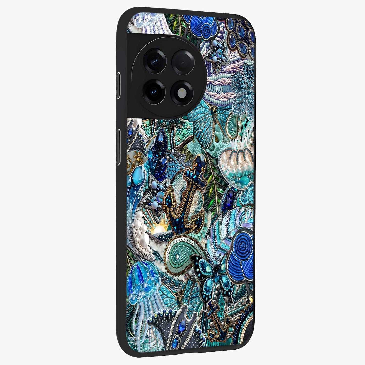 Crystal Ocean Magic Glass Case for 1+11R side perspective highlighting wave textures and smooth premium build
