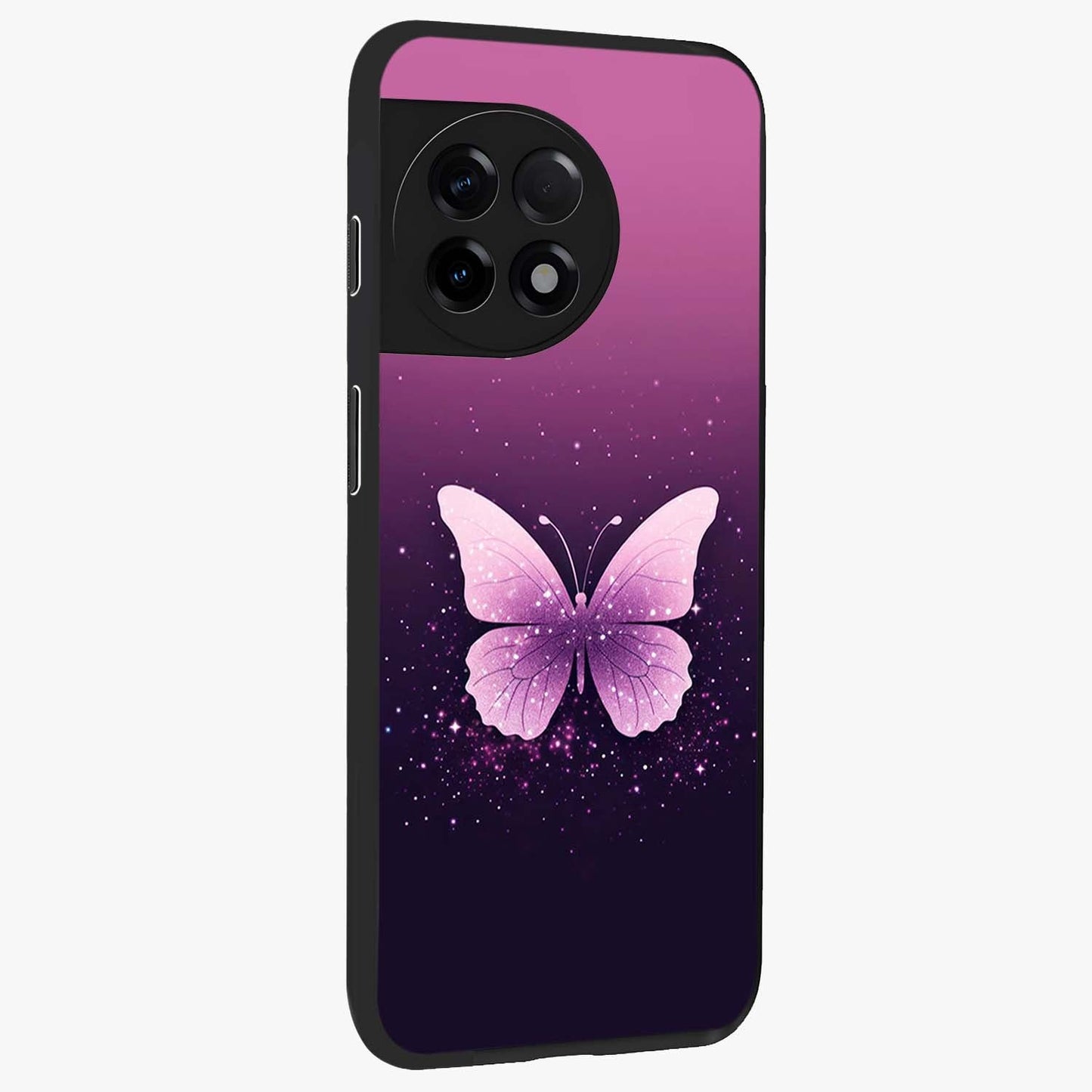 Cute Starry Butterfly Glass Case for 1+11R side perspective highlighting glowing star details and sleek edge finish