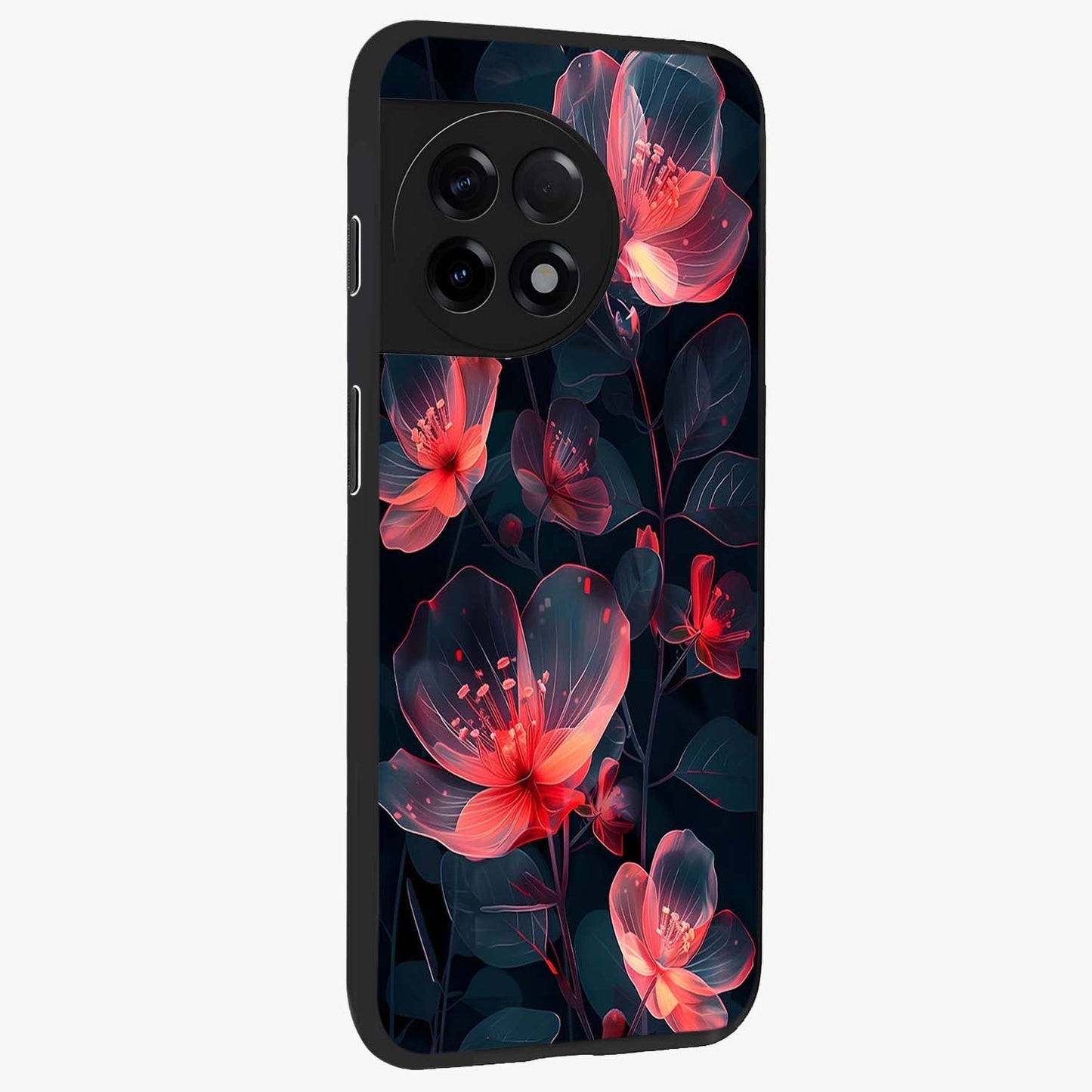 Dark Shade of Flower Glass Case for 1+11R side perspective highlighting elegant dark floral textures and sleek build