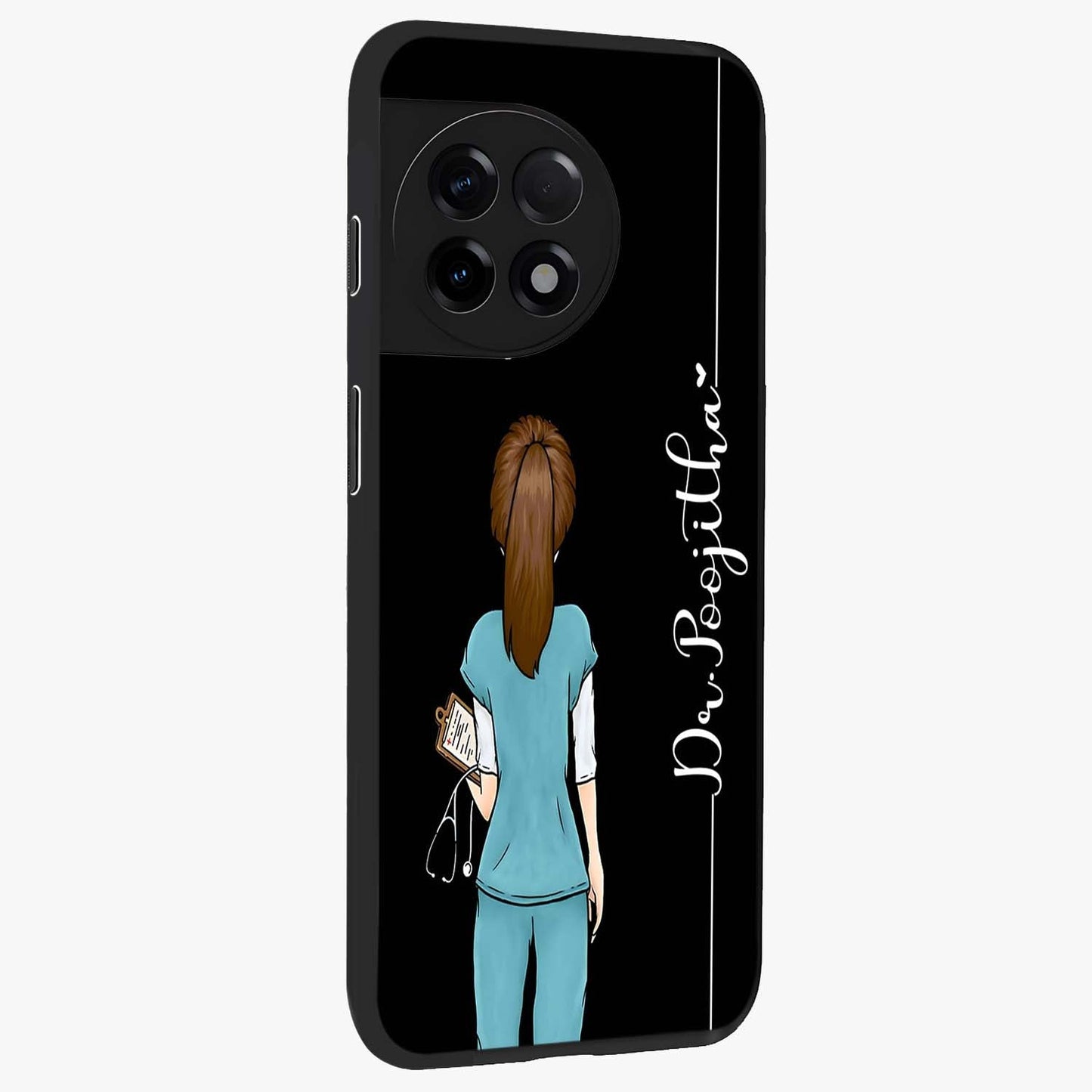 Doctor Pattern Custom Name Glass Case for 1+11R side perspective highlighting custom typography and smooth premium edges