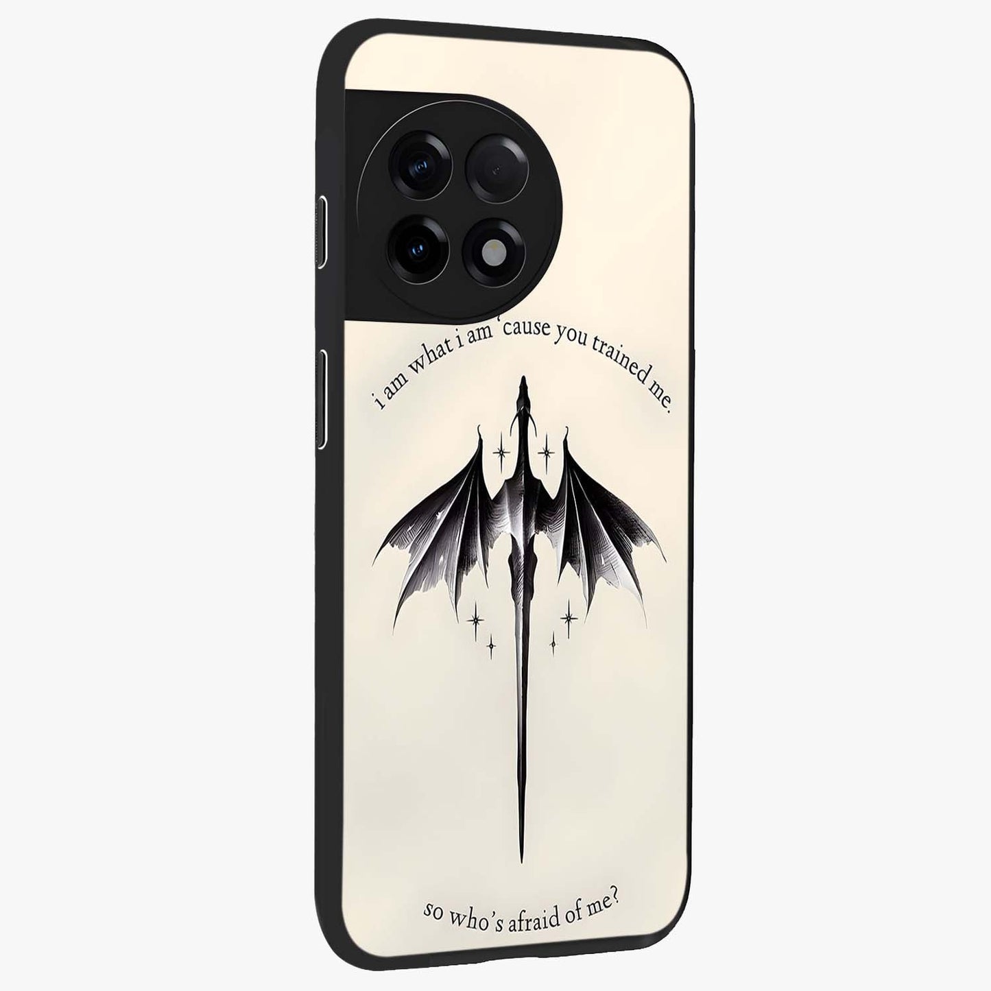 Dragon Quote Art Glass Case for 1+11R side perspective highlighting intricate dragon textures and sleek build