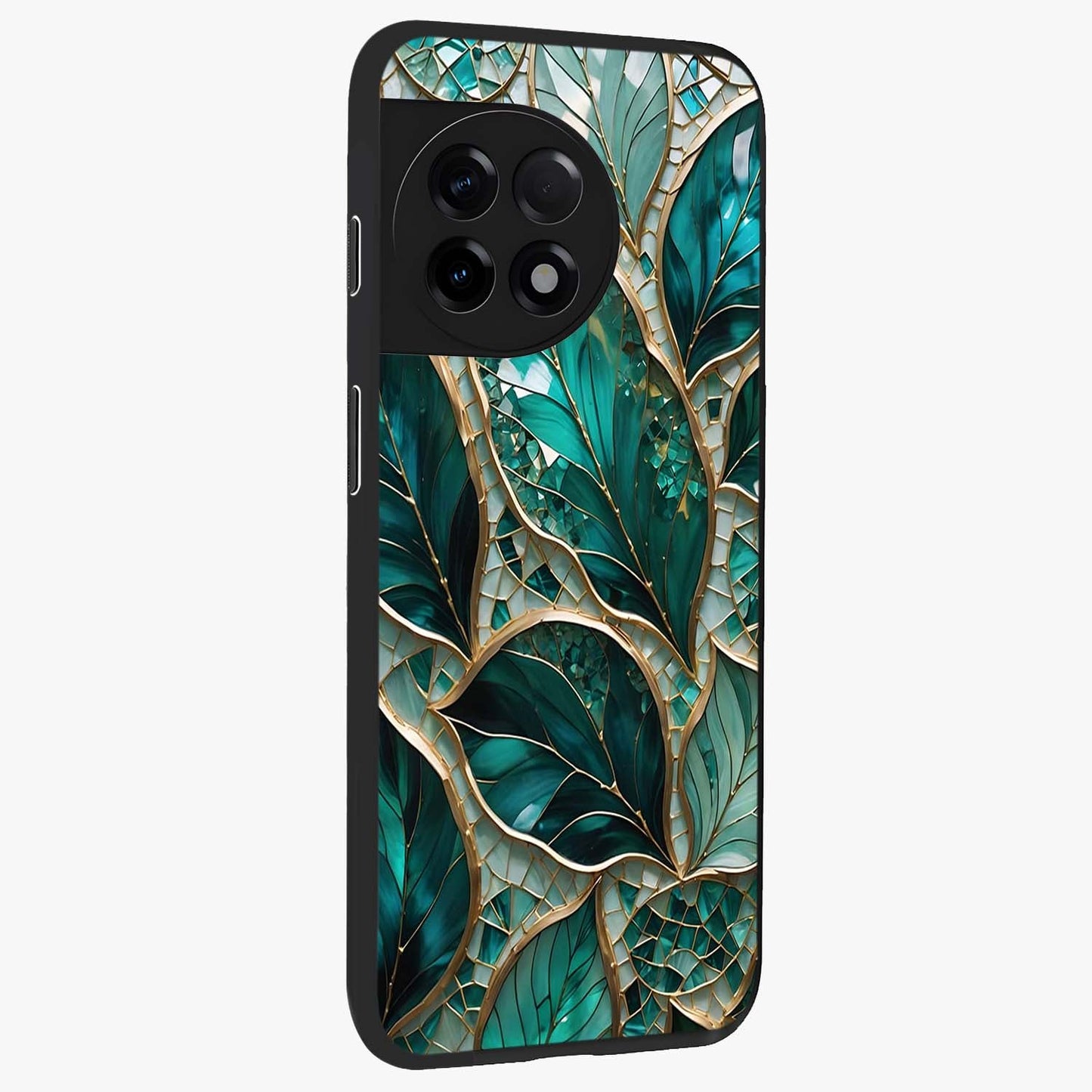 Emerald Leaf Glass Case for 1+11R side perspective highlighting refined leaf textures and sleek build