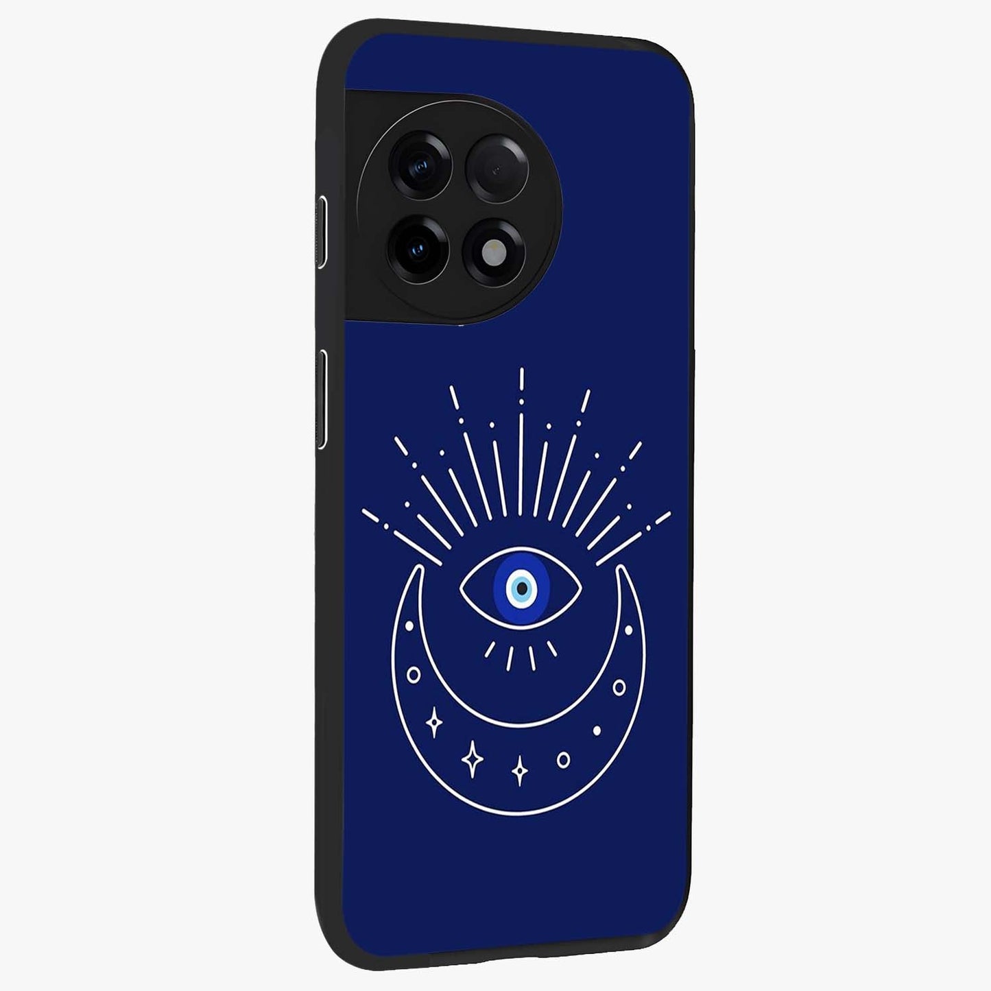 Evil Eye With Blue Themed Collage Glass Case for 1+11R side perspective highlighting bold collage detailing and smooth edges