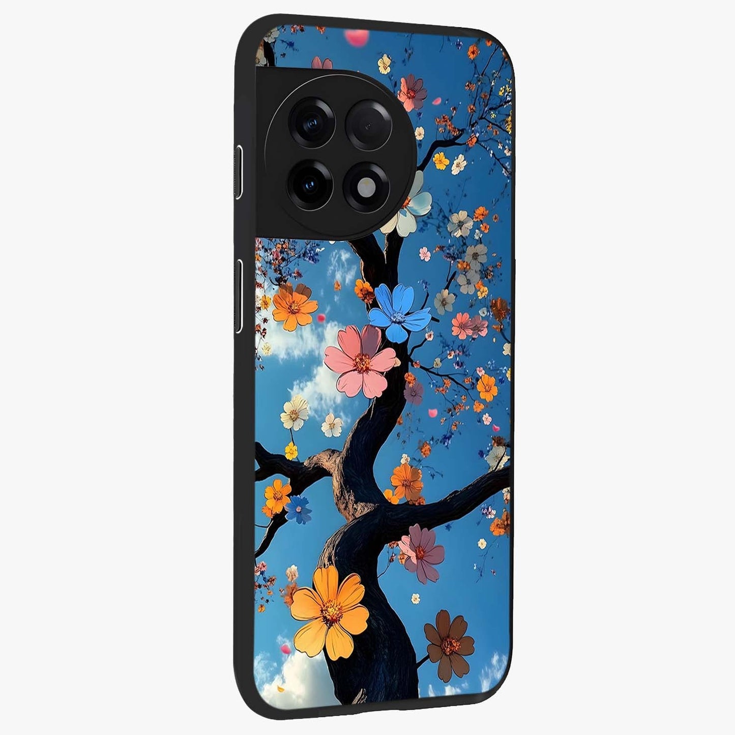 Floral Tree Glass Case for 1+11R side perspective highlighting vibrant floral patterns and sleek edges