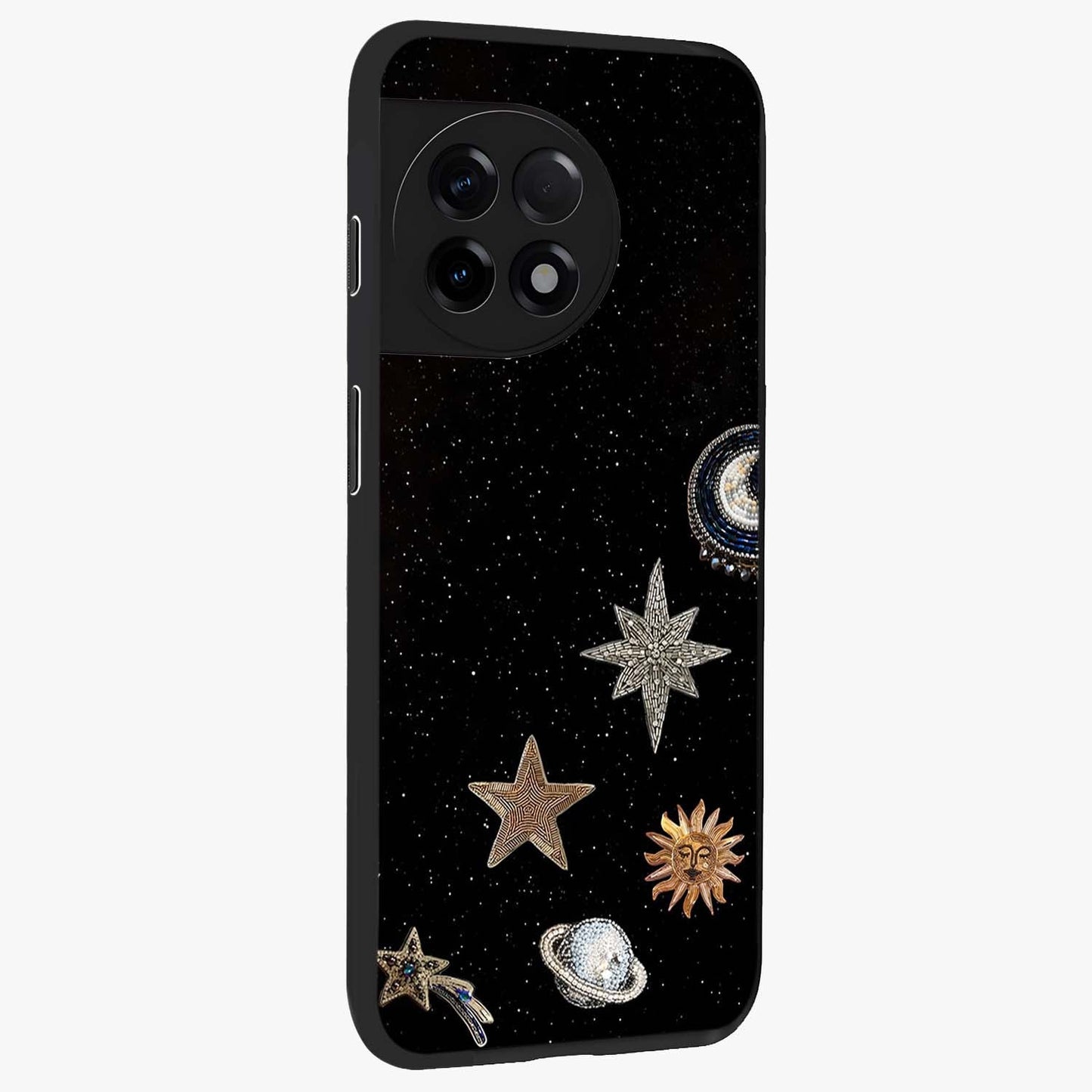 Galactic Charm Glow Glass Case for 1+11R side perspective highlighting vibrant star detailing and sleek premium edges
