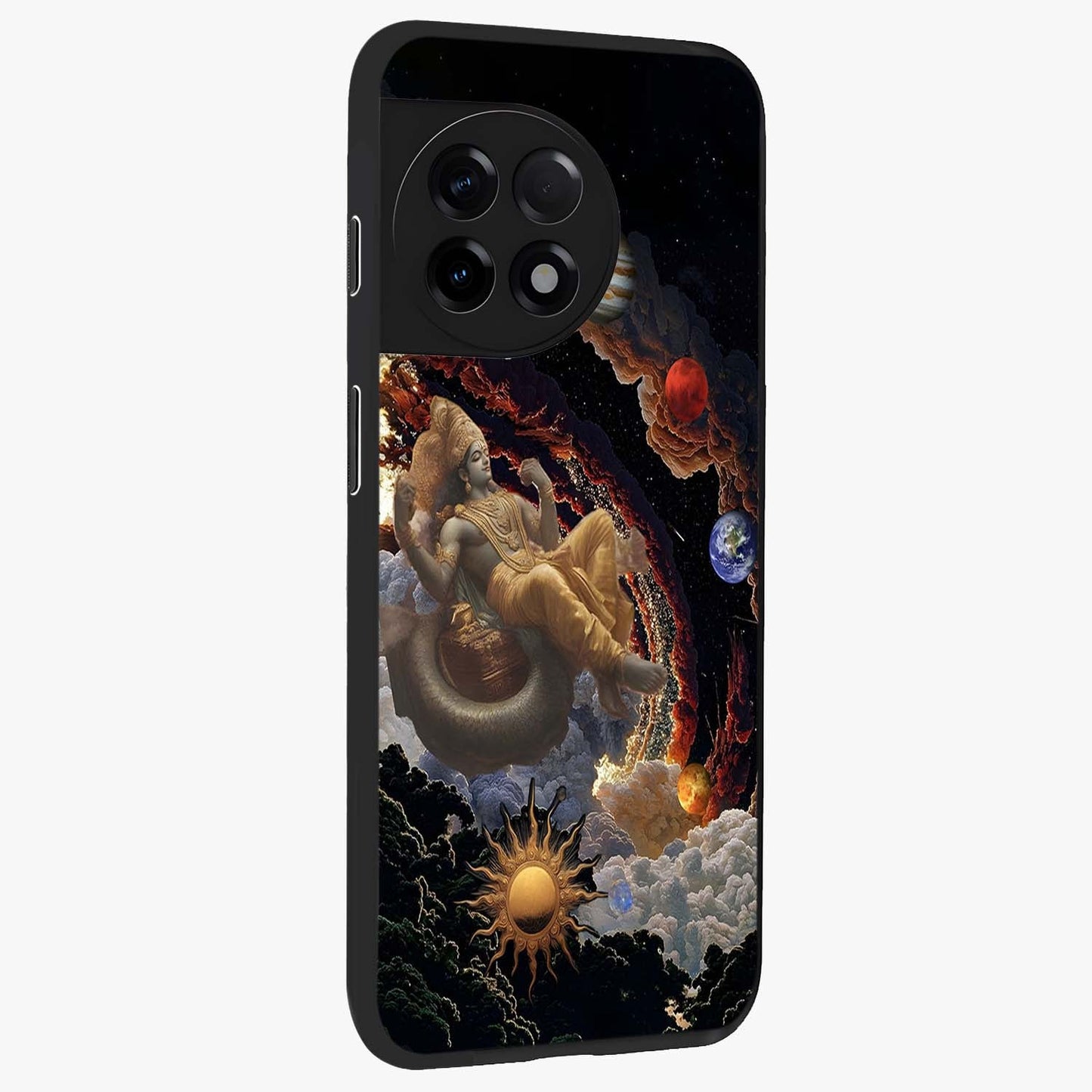 Galactic Divine God Glass Case for 1+11R side perspective highlighting intricate divine detailing and premium edge finish