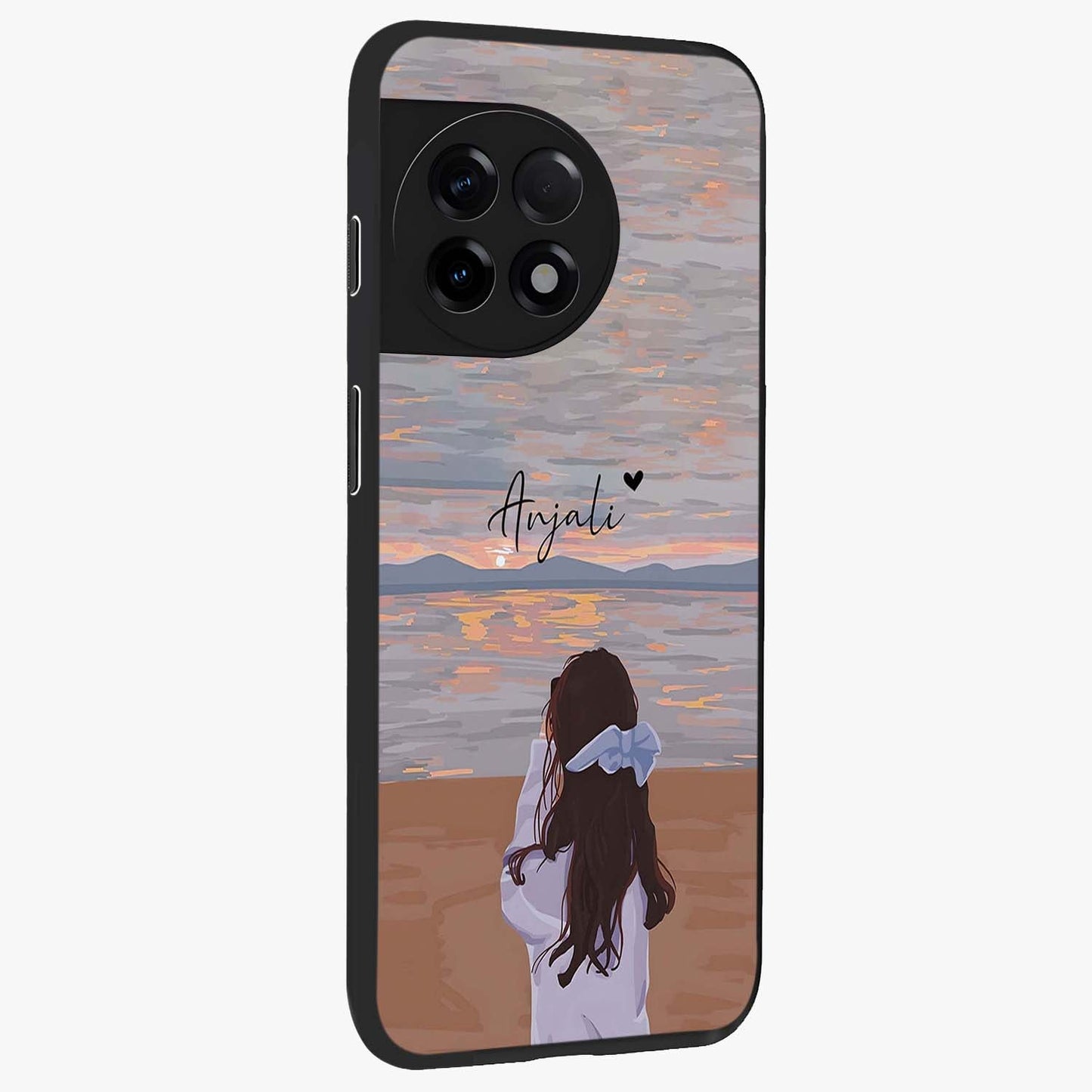 Girl Facing Sunset Beach Glass Case for 1+11R side perspective highlighting calming sunset gradients and smooth edges