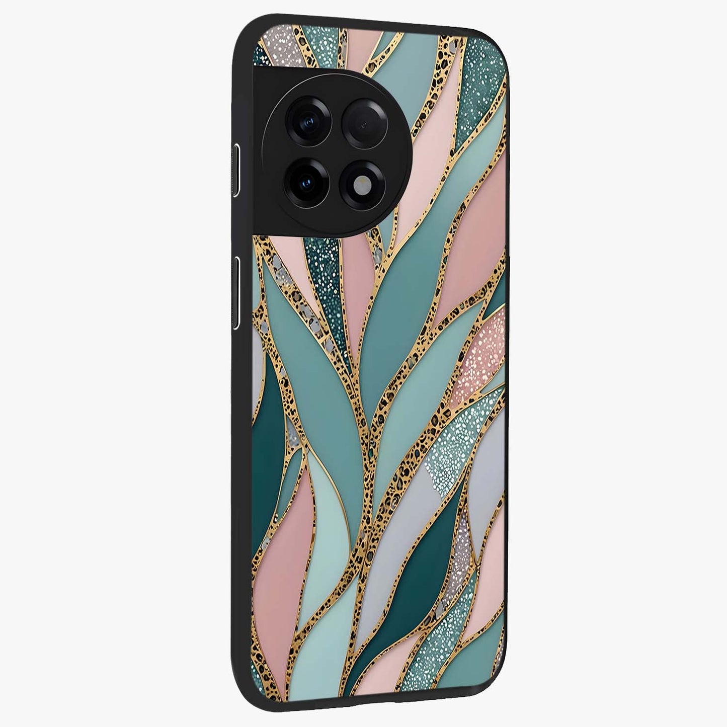 Golden Lotus Glow Glass Case for 1+11R side perspective highlighting intricate lotus detailing and premium edge finish