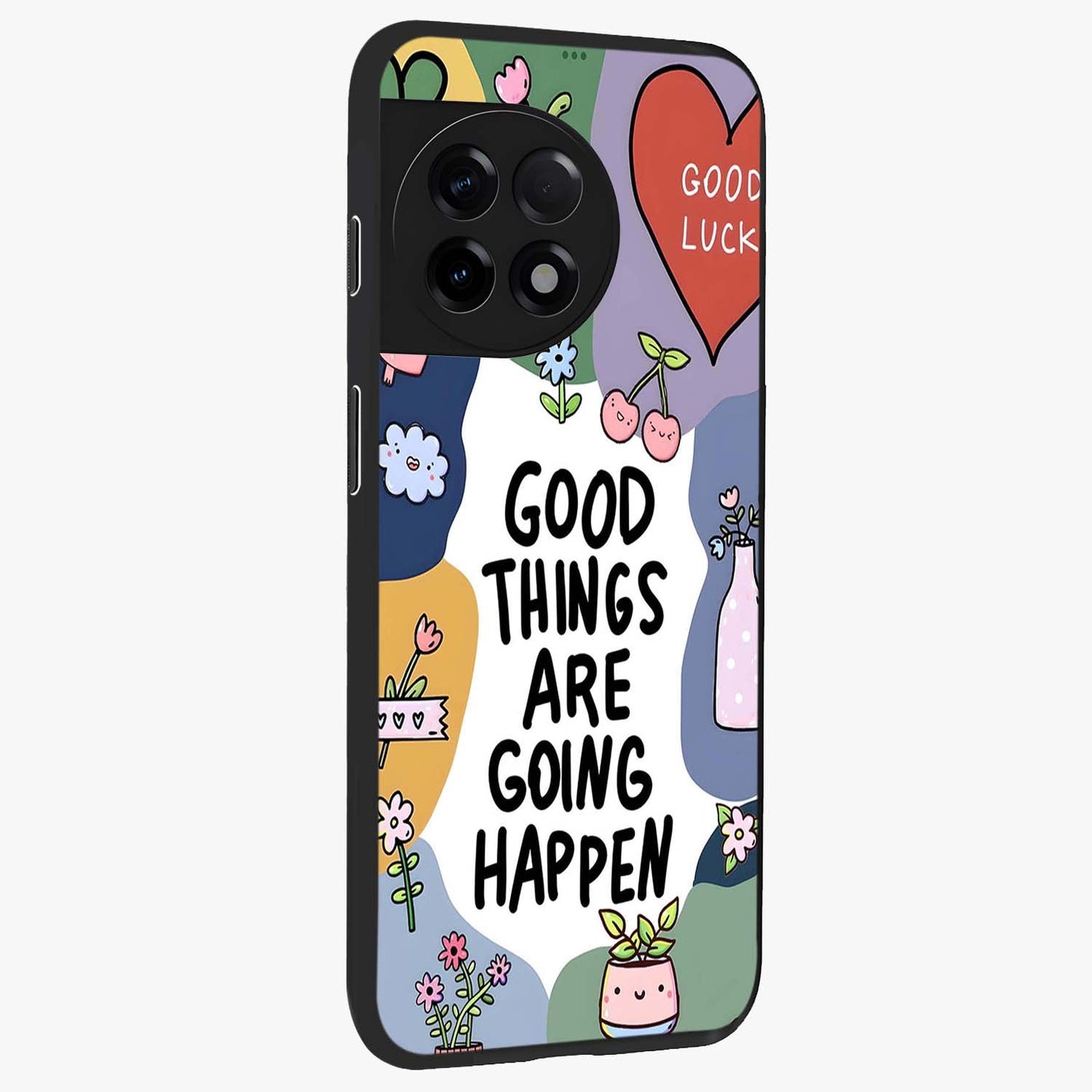 Good Thing Quote Glass Case for 1+11R side perspective highlighting bold text detailing and sleek premium build