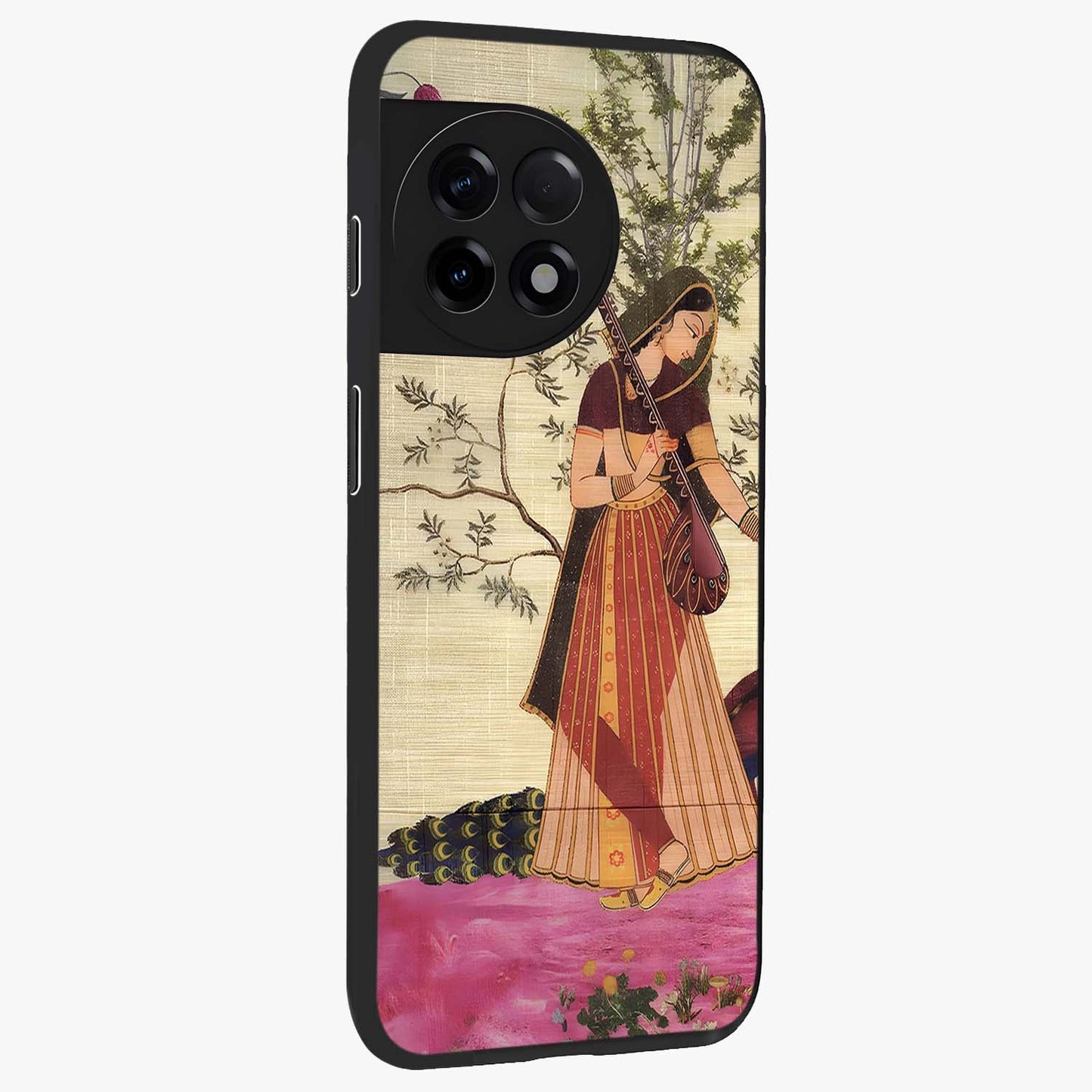 Lady With Veena Art Glass Case for 1+11R side perspective highlighting graceful illustration textures and sleek build
