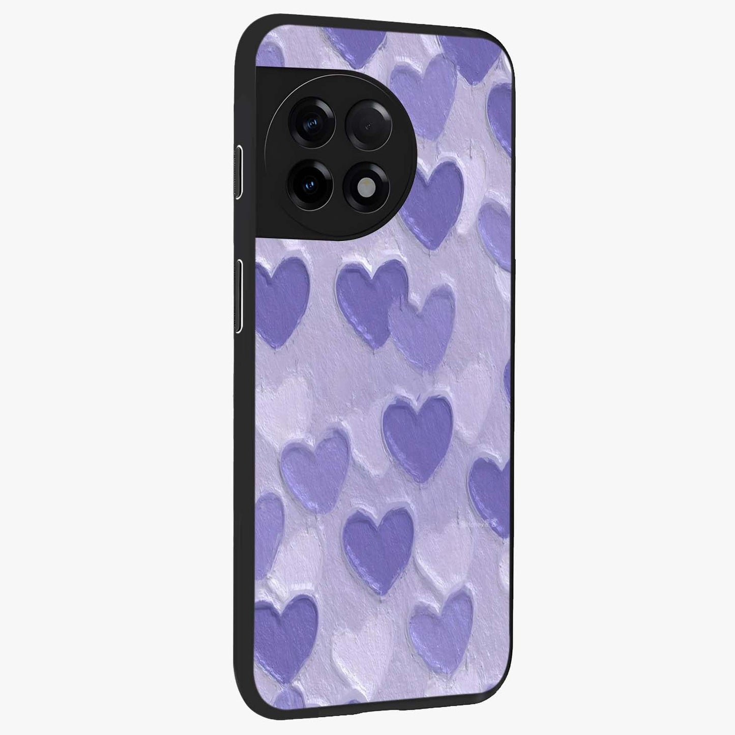 Lavender Paper Hearts Glass Case for 1+11R side perspective highlighting delicate heart textures and sleek build