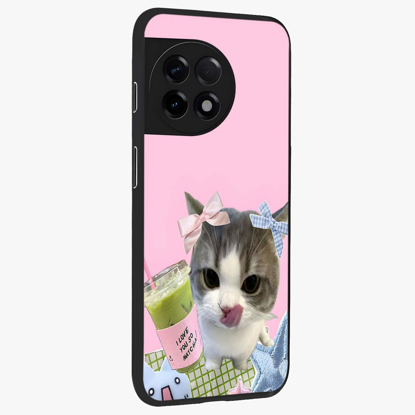 Love Matcha Cat Glass Case for 1+11R side perspective highlighting charming feline textures and smooth edges
