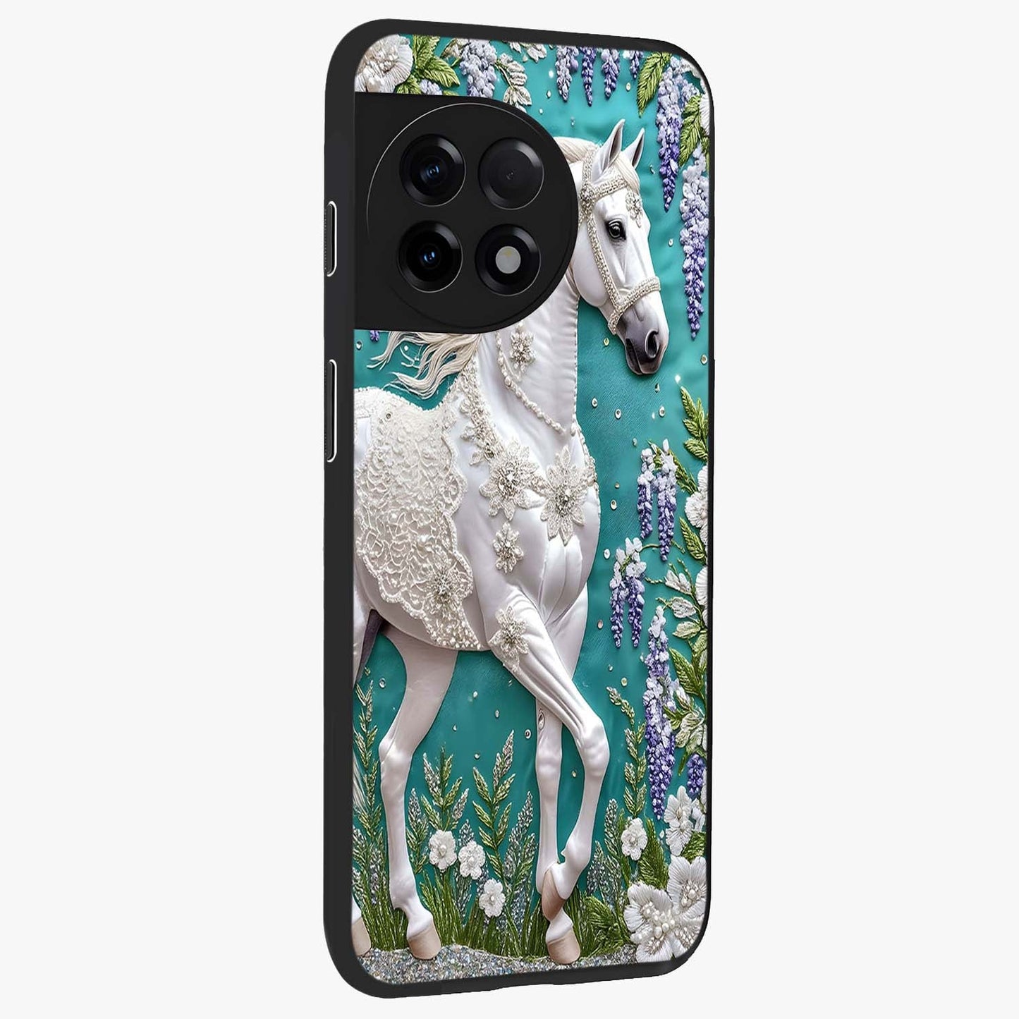 Majestic Floral Stallion Glass Case for 1+11R side perspective highlighting refined equestrian textures and premium edges