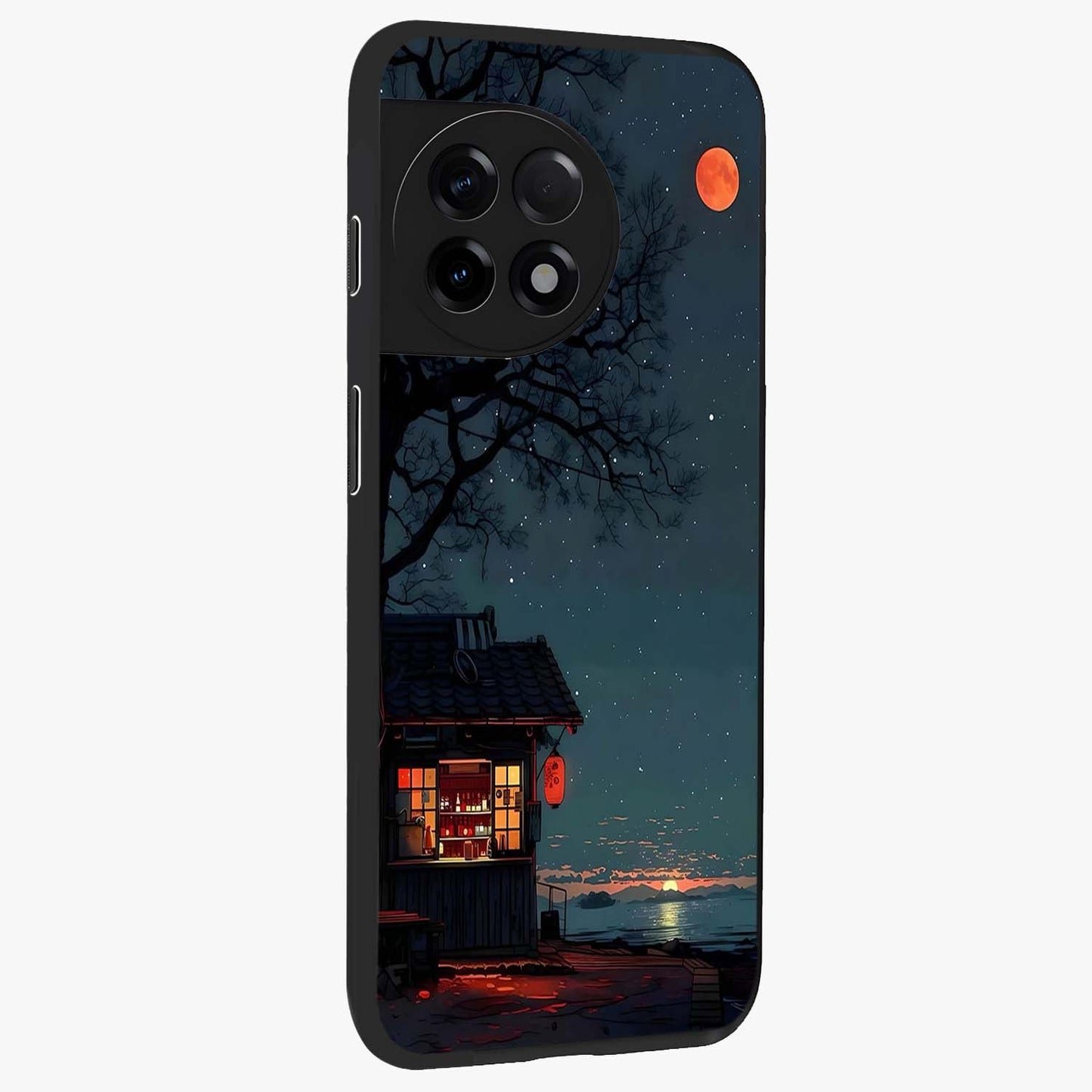 Midnight Lantern Glow Glass Case for 1+11R side perspective highlighting soft light textures and sleek build