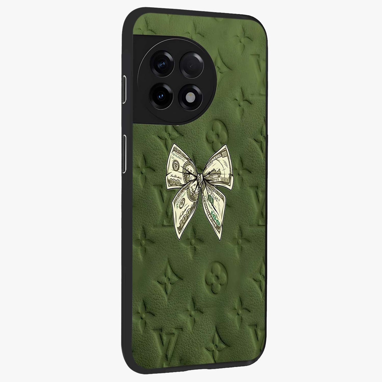 Money Bow Lv Glass Case for 1+11R side perspective highlighting stylish textures and sleek build