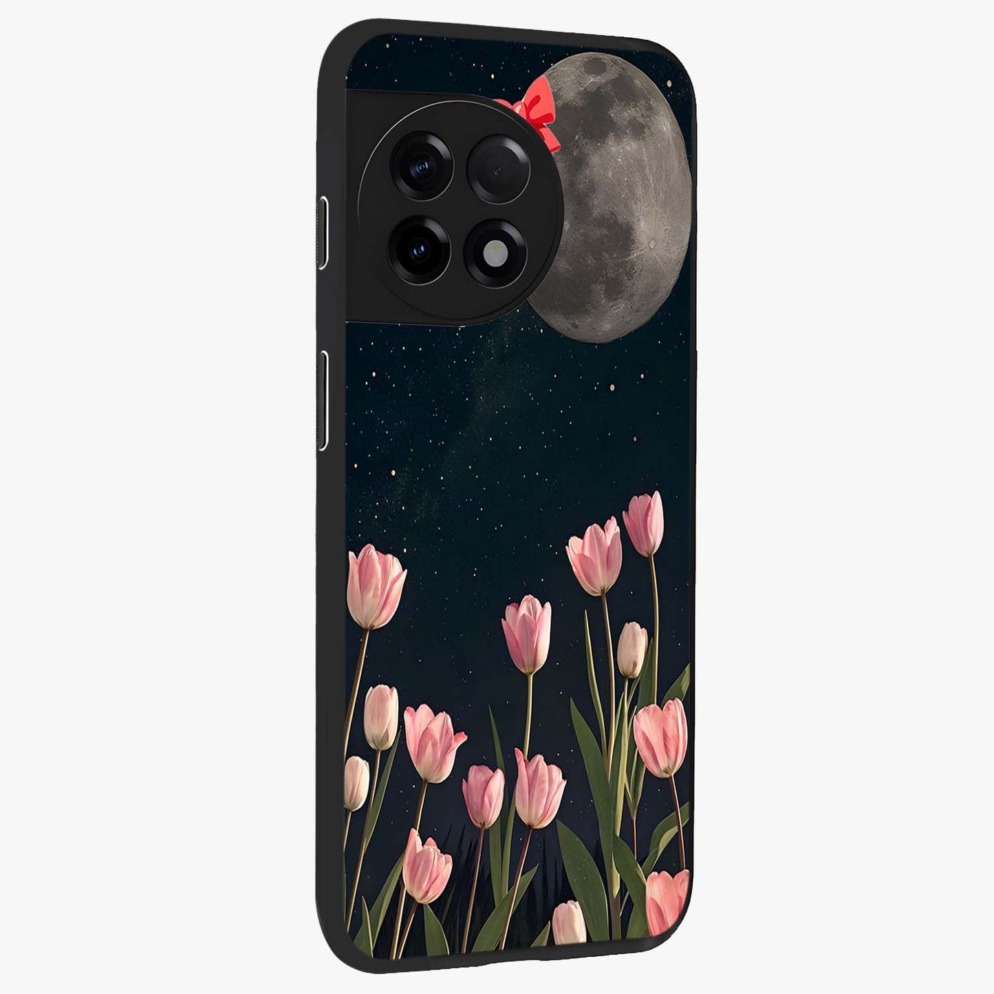 Moonlit Night Tulip Glass Case for 1+11R side perspective highlighting delicate petal textures and sleek build