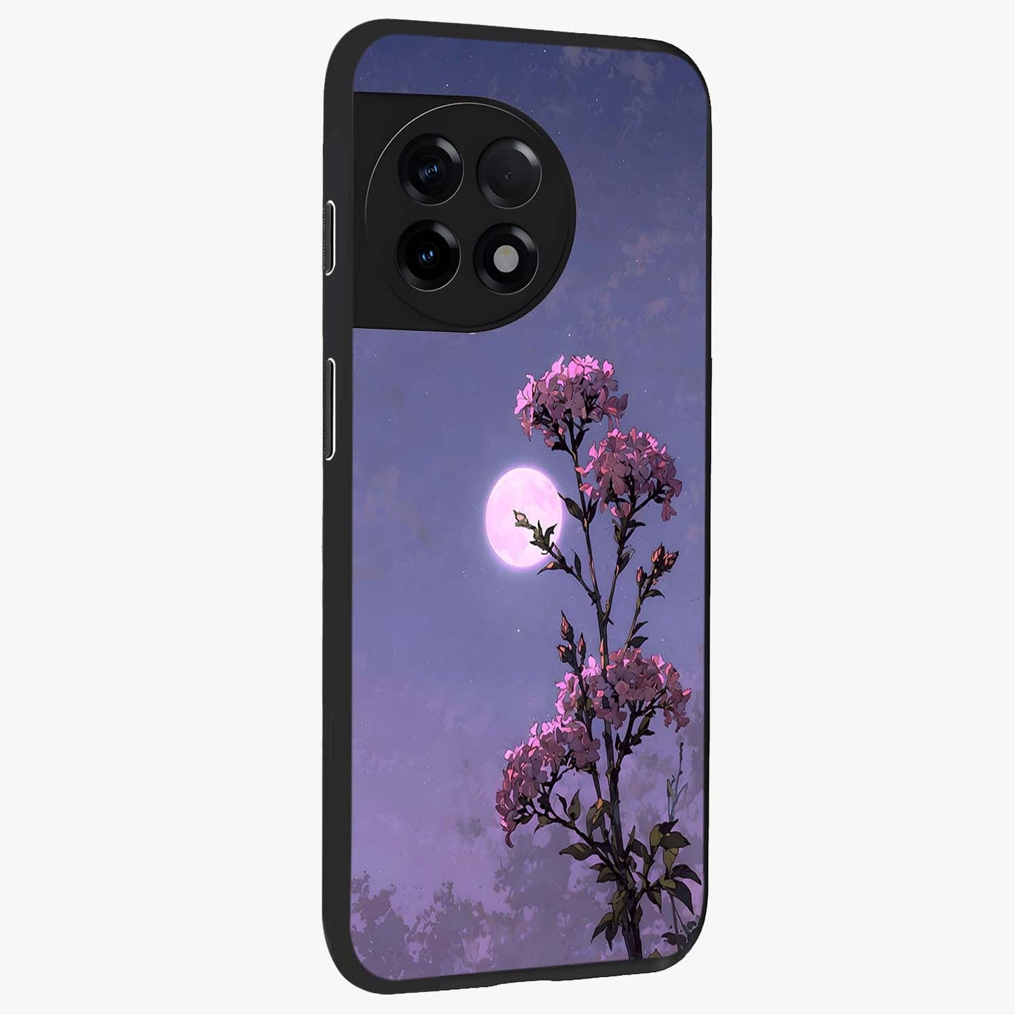 Moonlit Petal Night Glass Case for 1+11R side perspective highlighting graceful petal textures and smooth build
