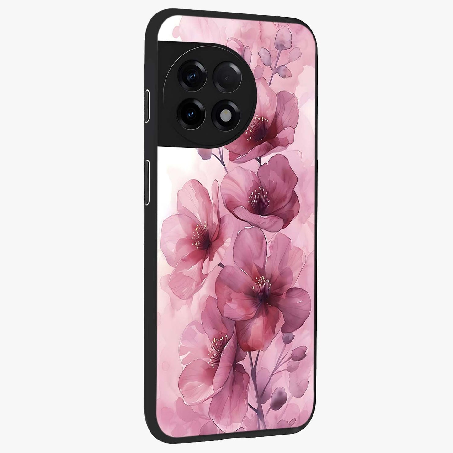 Pink Floral Glass Case for 1+11R side perspective highlighting subtle floral textures and premium edges