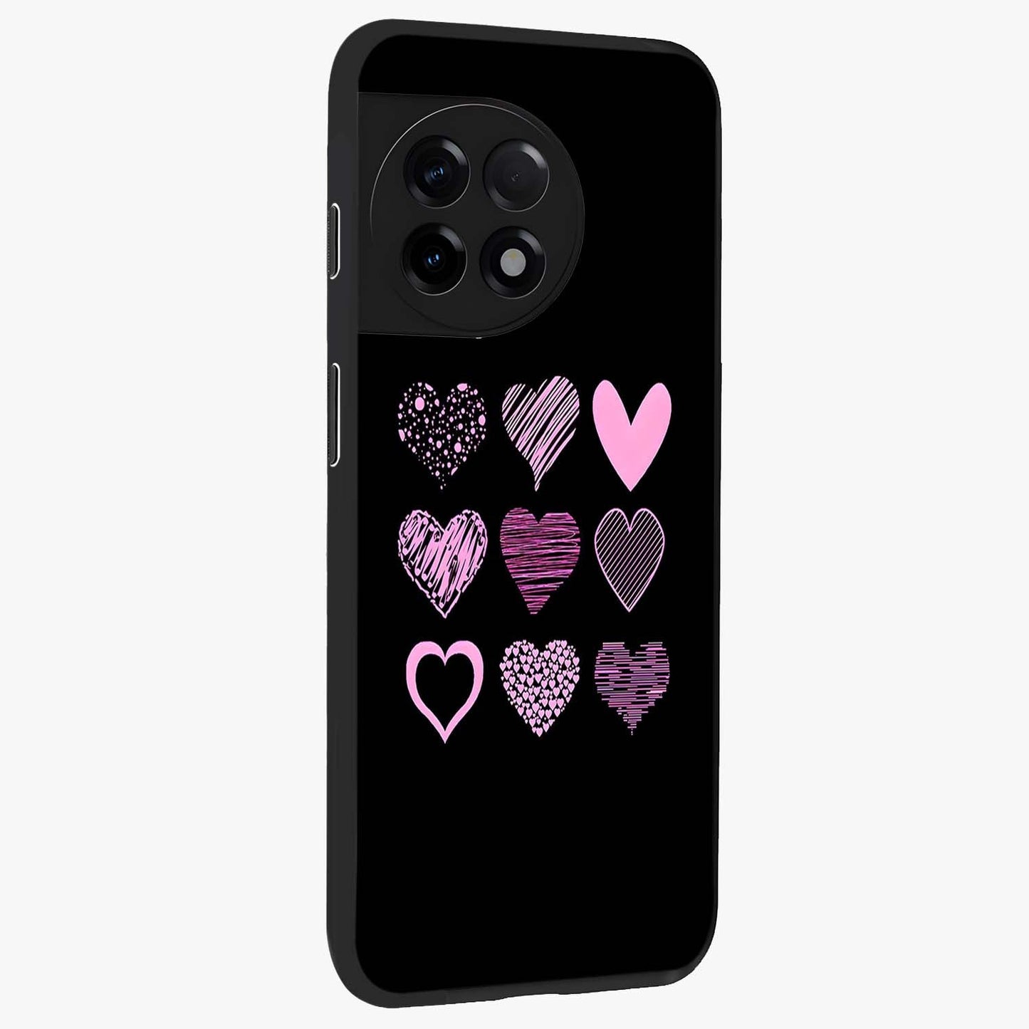 Pink Heart Aesthetic Glass Case for 1+11R side perspective highlighting smooth textures and premium edge finish