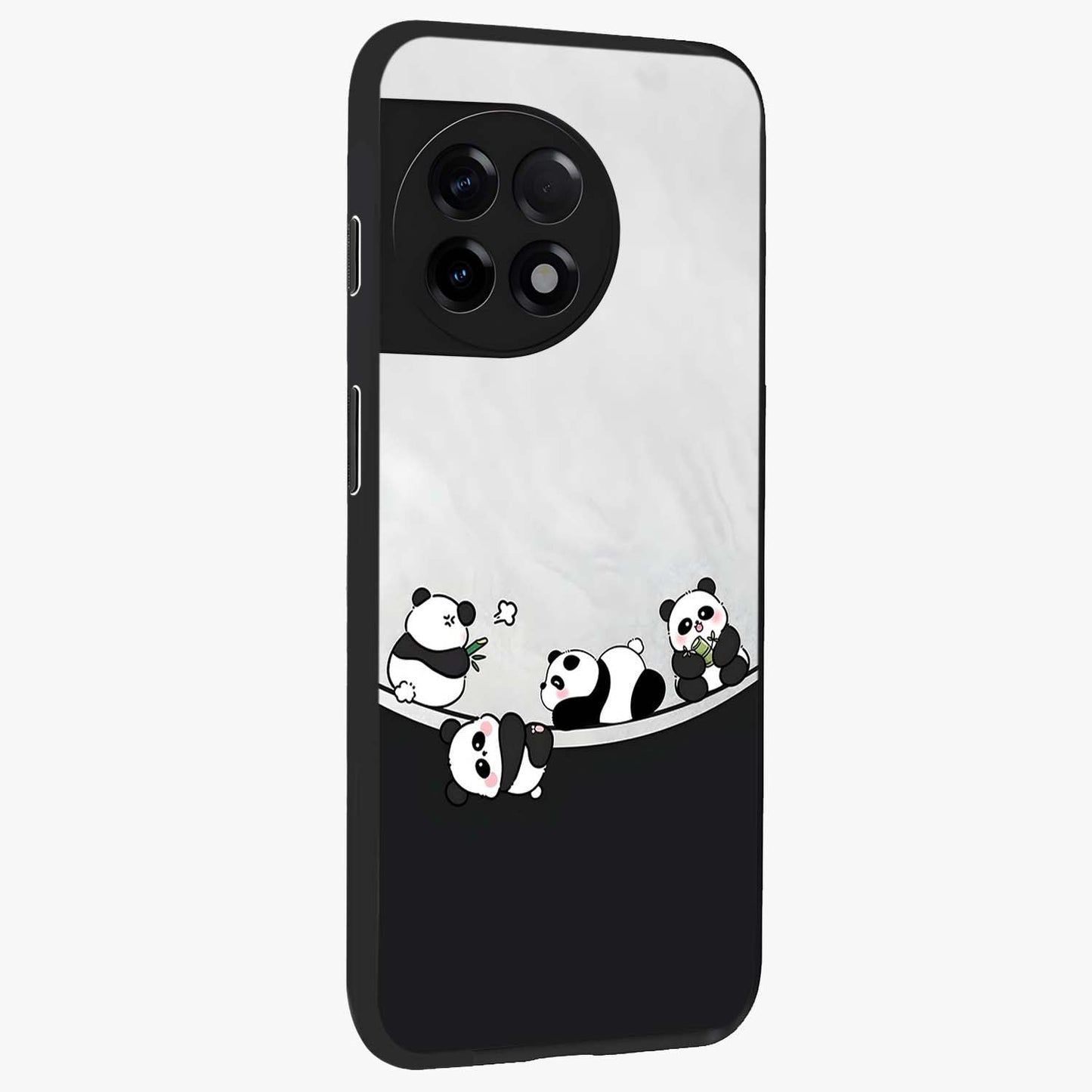 Playful Panda Parade Glass Case for 1+11R side perspective highlighting charming detailing and premium edges
