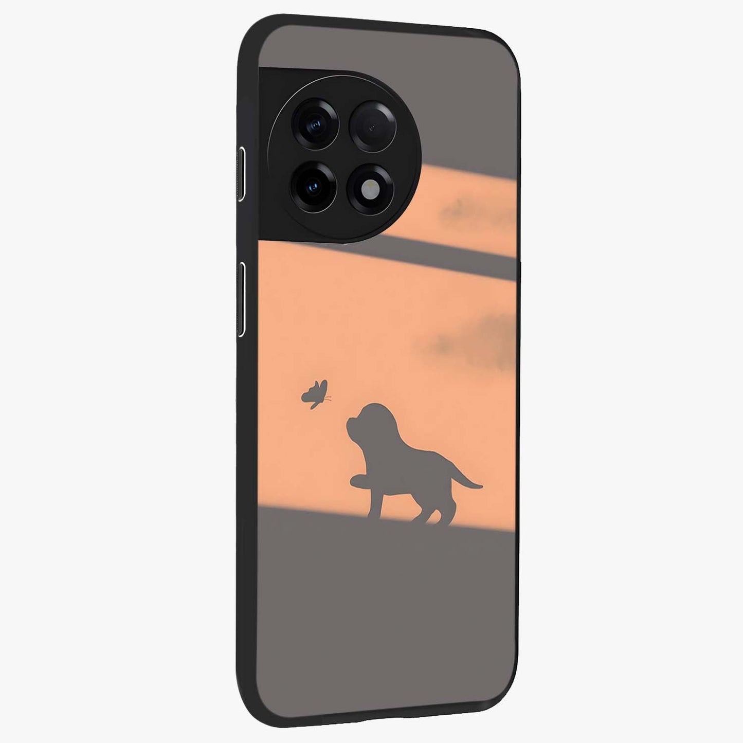 Puppy Shadow Art Glass Case for 1+11R side perspective highlighting cute illustration textures and smooth build