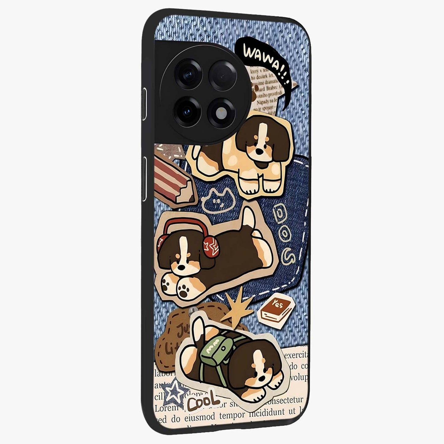 Puppy Sticker Parade Glass Case for 1+11R side perspective highlighting fun sticker textures and premium edges