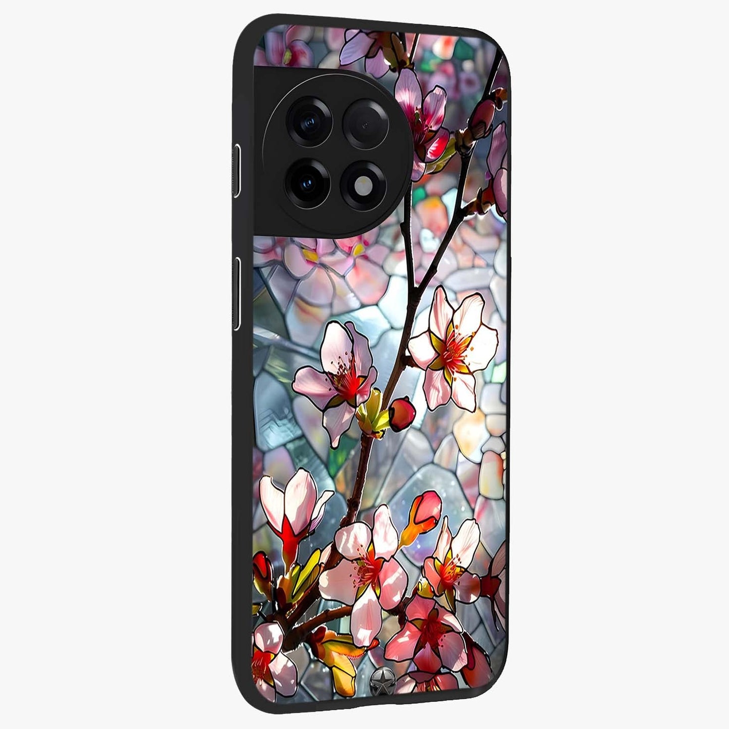 Radiant Bloom Glow Glass Case for 1+11R side perspective highlighting radiant textures and sleek premium build