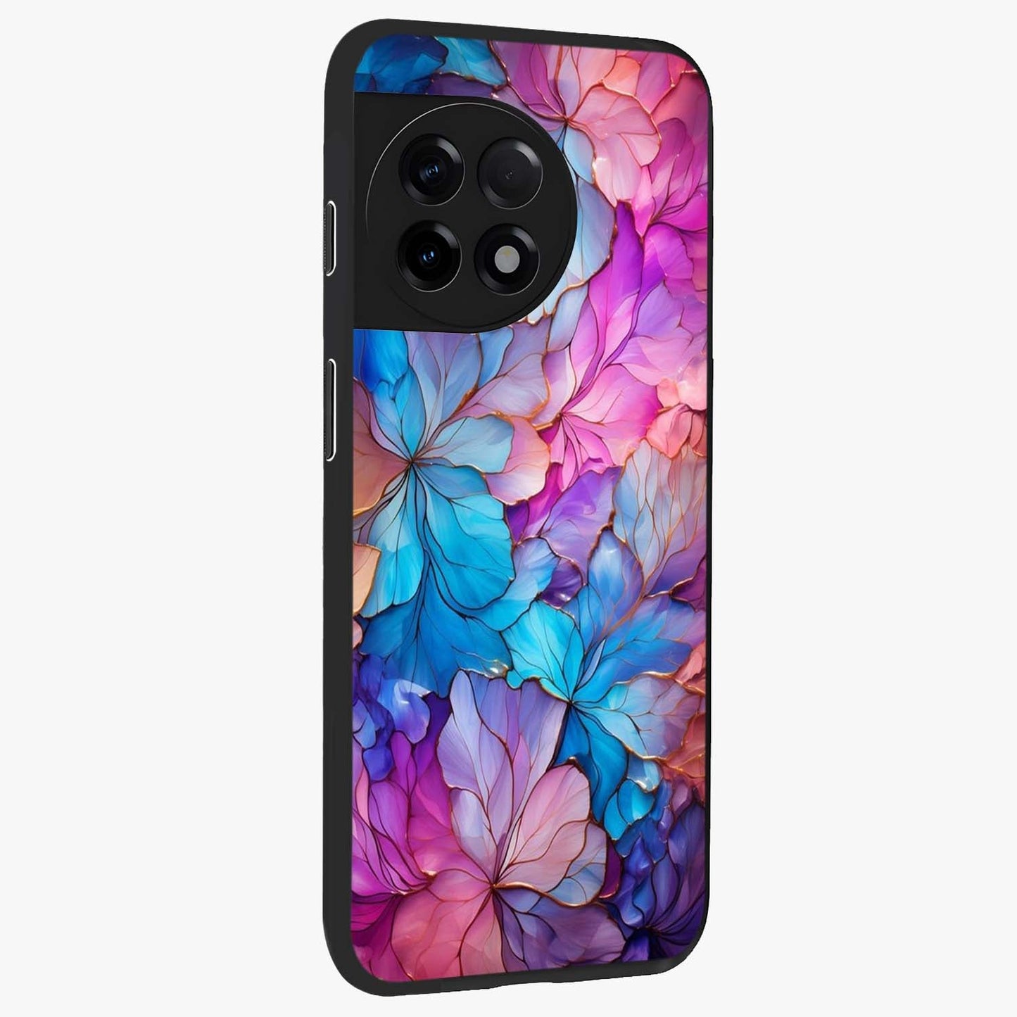 Radiant Floral Whirl Glass Case for 1+11R side perspective highlighting flowing textures and premium edges