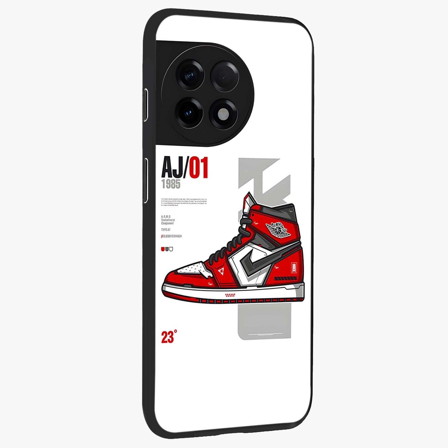 Retro Sneaker Blueprint Glass Case for 1+11R side perspective highlighting sharp graphic textures and sleek build