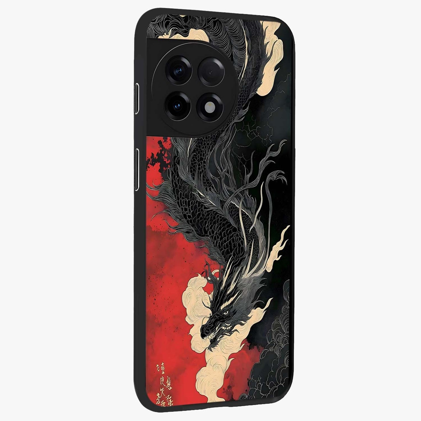 Shadow Dragon Fury Glass Case for 1+11R side perspective highlighting sharp dragon textures and sleek premium build