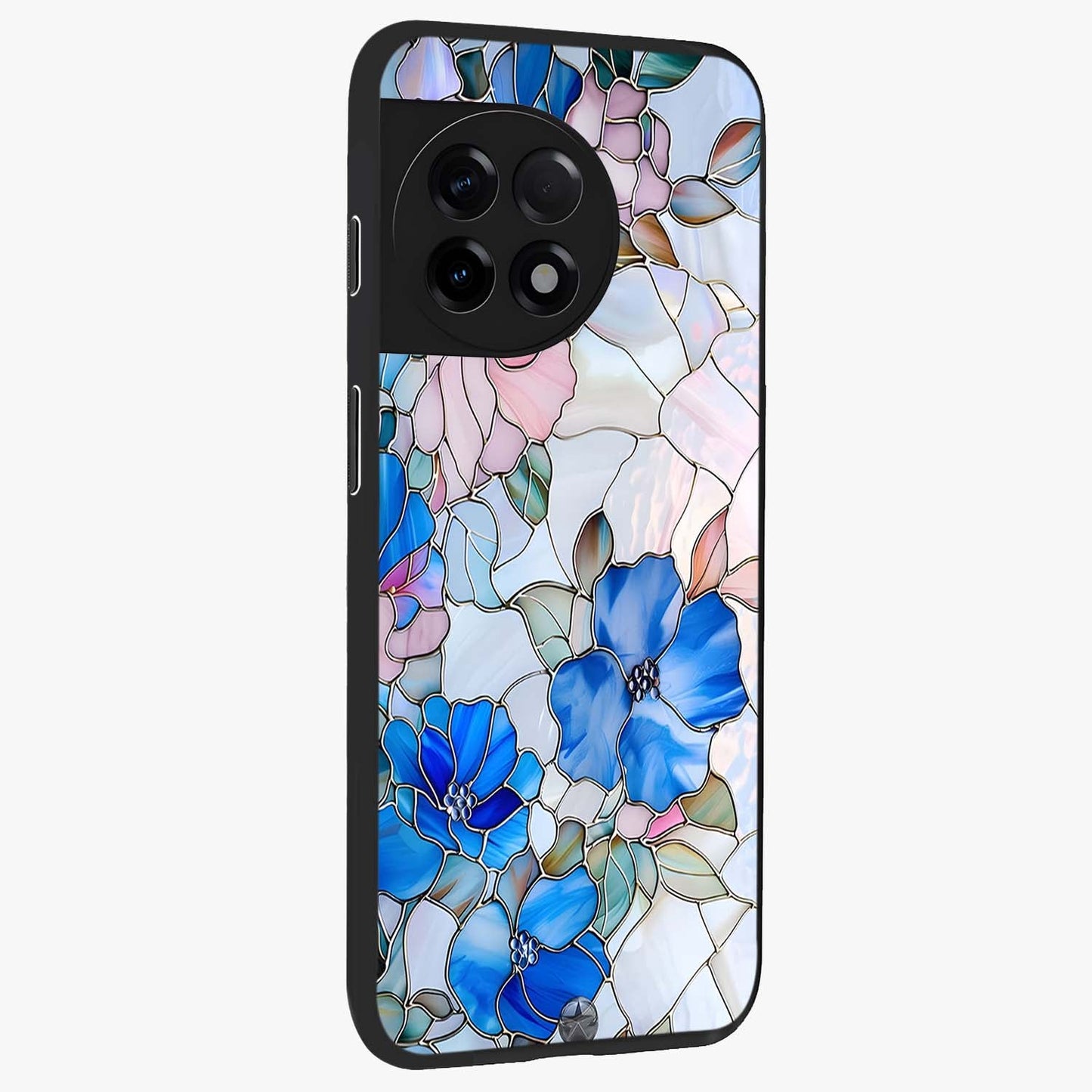 Stained Blue Floral Glass Case for 1+11R side perspective highlighting intricate bloom textures and premium edges