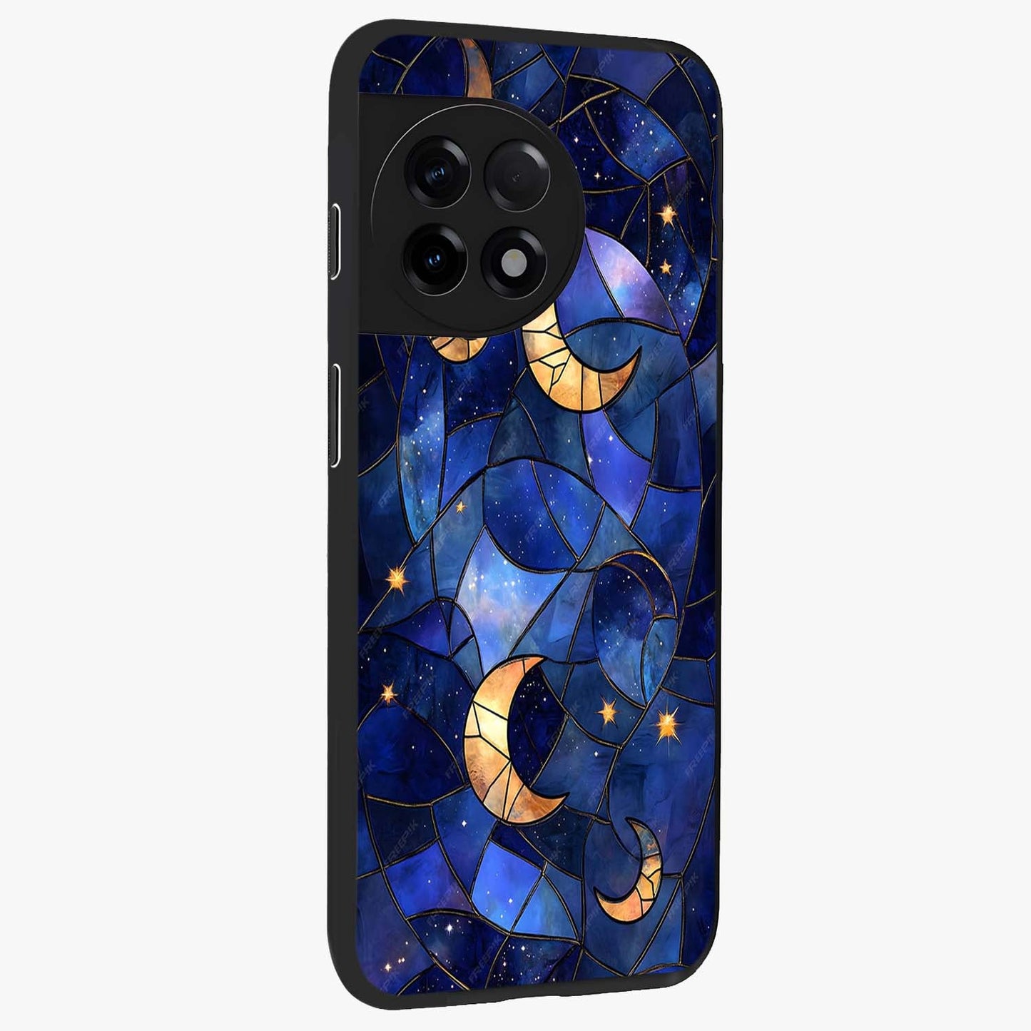 Starlit Sky Tapestry Glass Case for 1+11R side perspective highlighting intricate celestial textures and premium edges