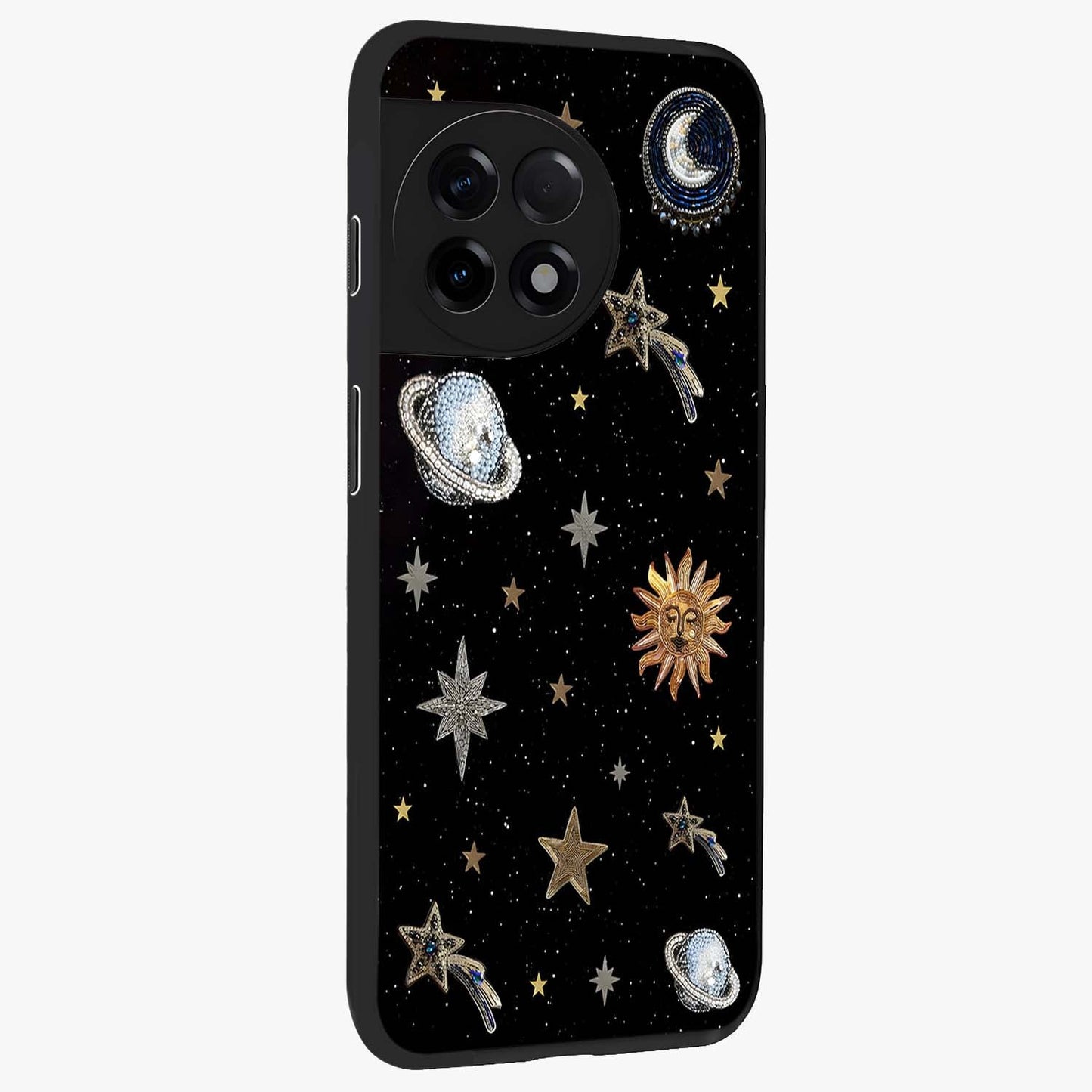 Stars and Planets Brooches Glass Case for 1+11R side perspective highlighting intricate planetary textures and sleek build