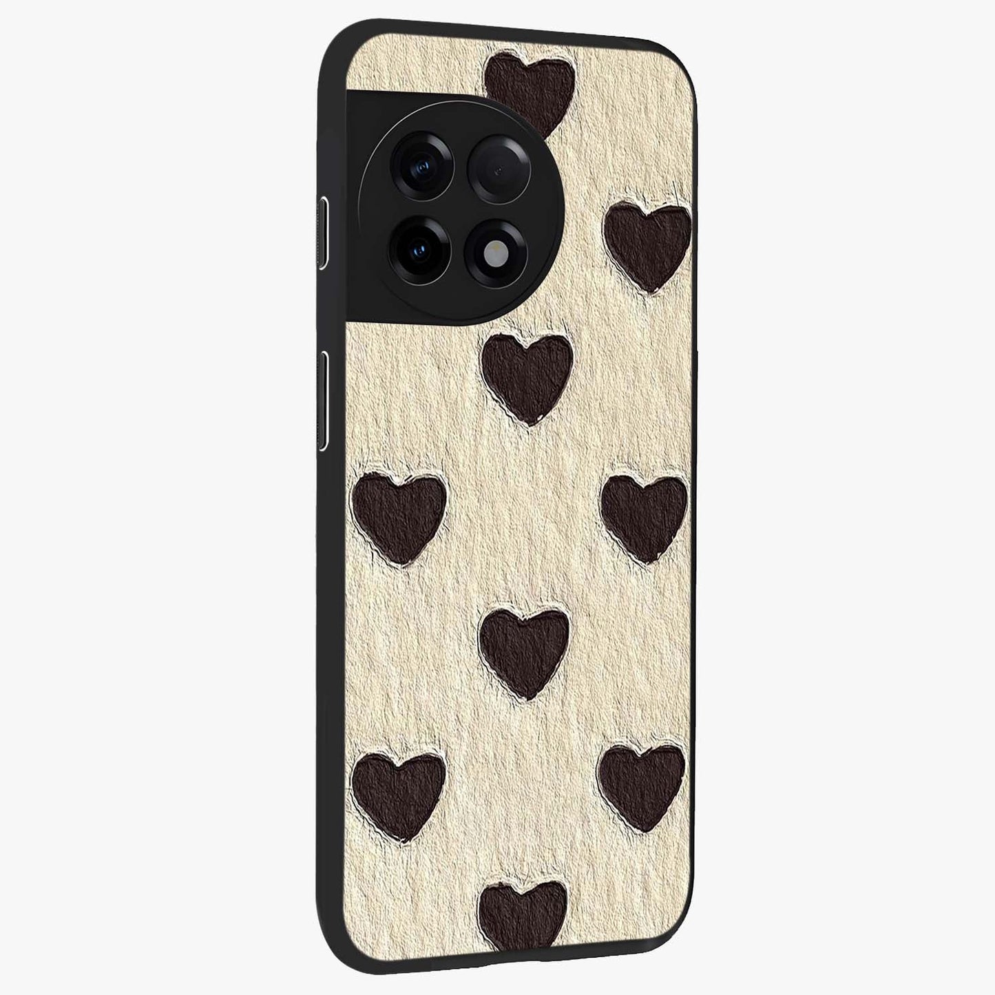 Textured Love Pattern Glass Case for 1+11R side perspective highlighting soft textures and smooth premium build