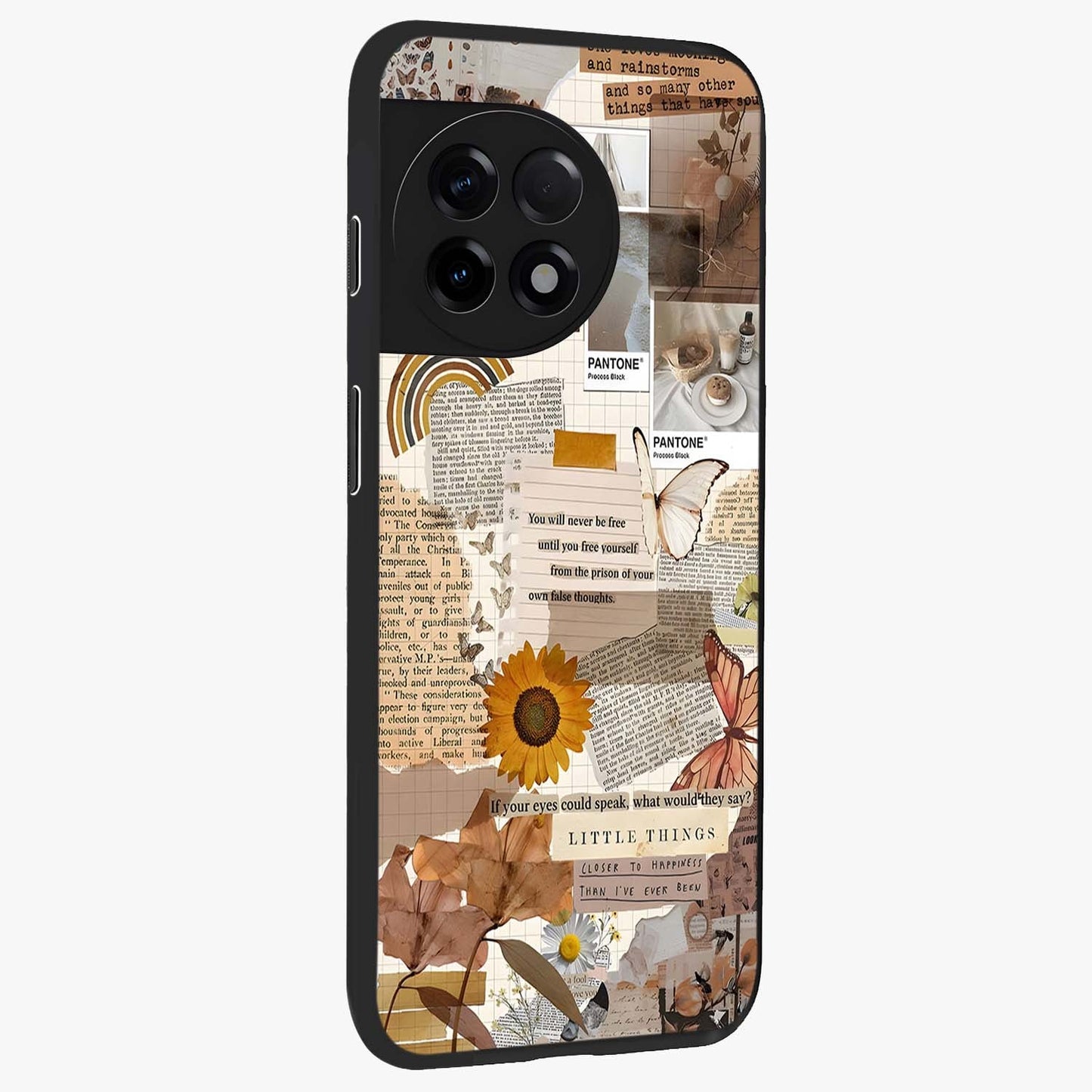 Vintage Aesthetic Collage Glass Case for 1+11R side perspective highlighting textured layers and premium edges