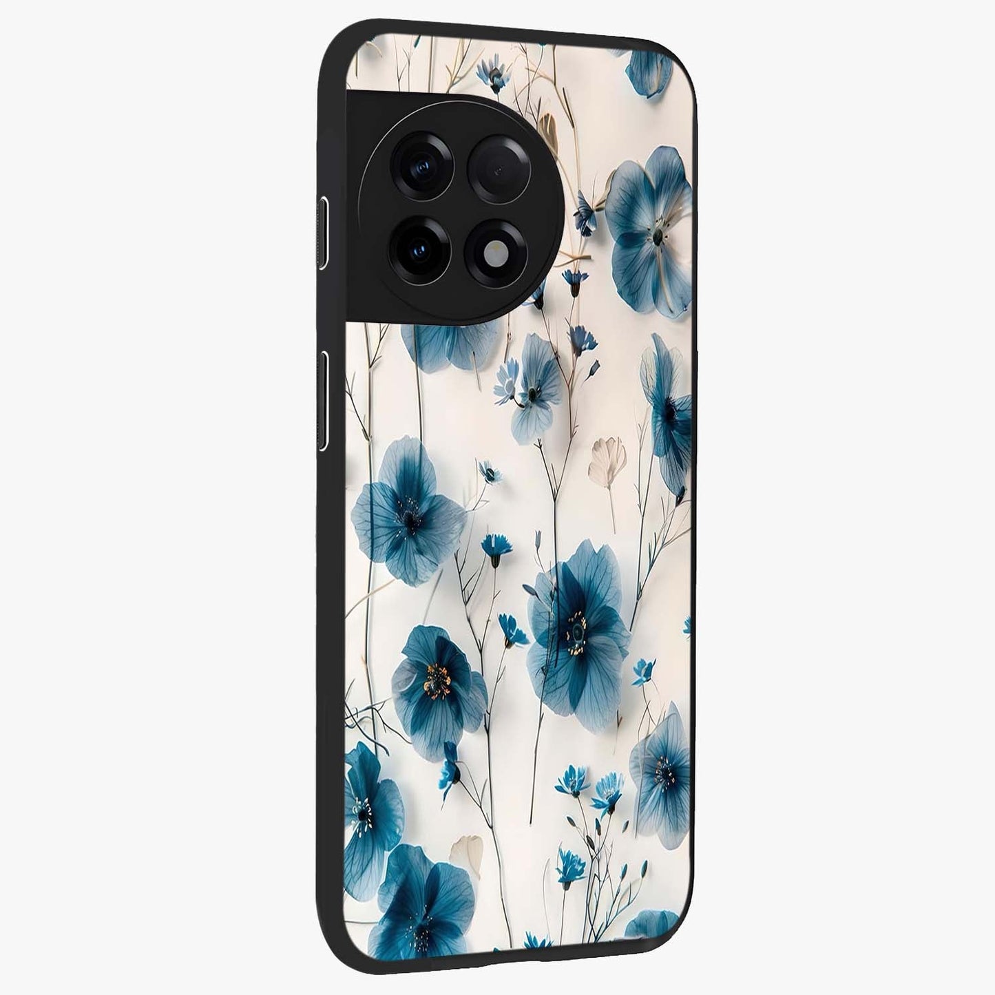 Whispers of Blue Bloom Glass Case for 1+11R side perspective highlighting intricate bloom textures and premium edges
