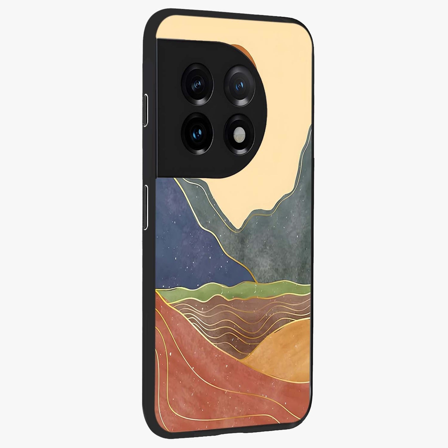Abstract Mountain Glow Glass Case for 1+11 side perspective highlighting luminous mountain design details