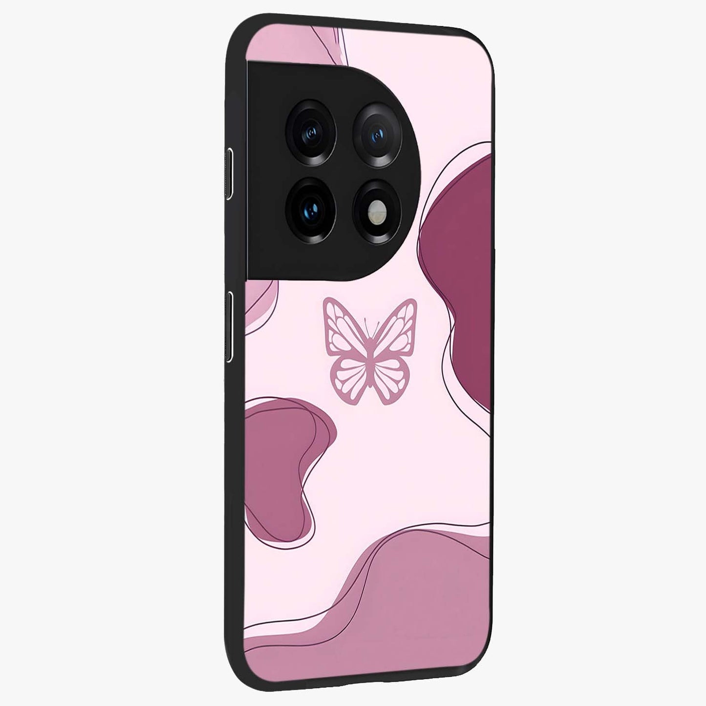 Aesthetic Pinkish Custom Name Butterfly Glass Case for 1+11 side perspective highlighting premium edges and butterfly detailing