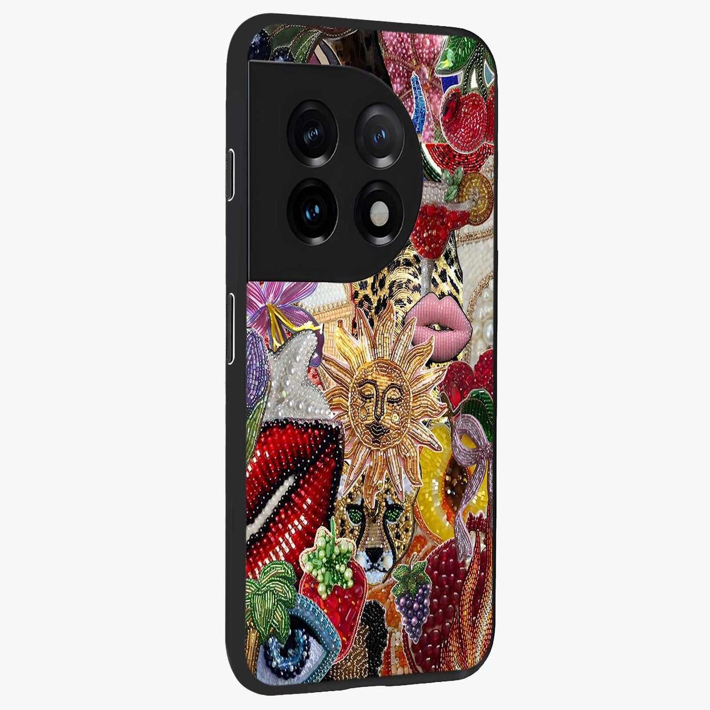 Beaded Fashion Jungle Glass Case for 1+11 side perspective highlighting rich bead detailing and premium edges