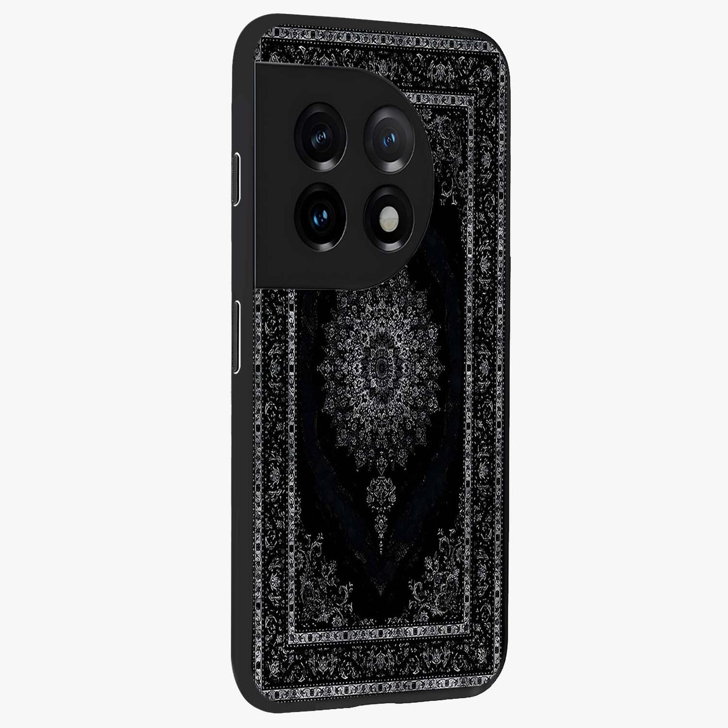 Black Persian Carpet Glass Case for 1+11 side perspective highlighting classic pattern textures and premium build