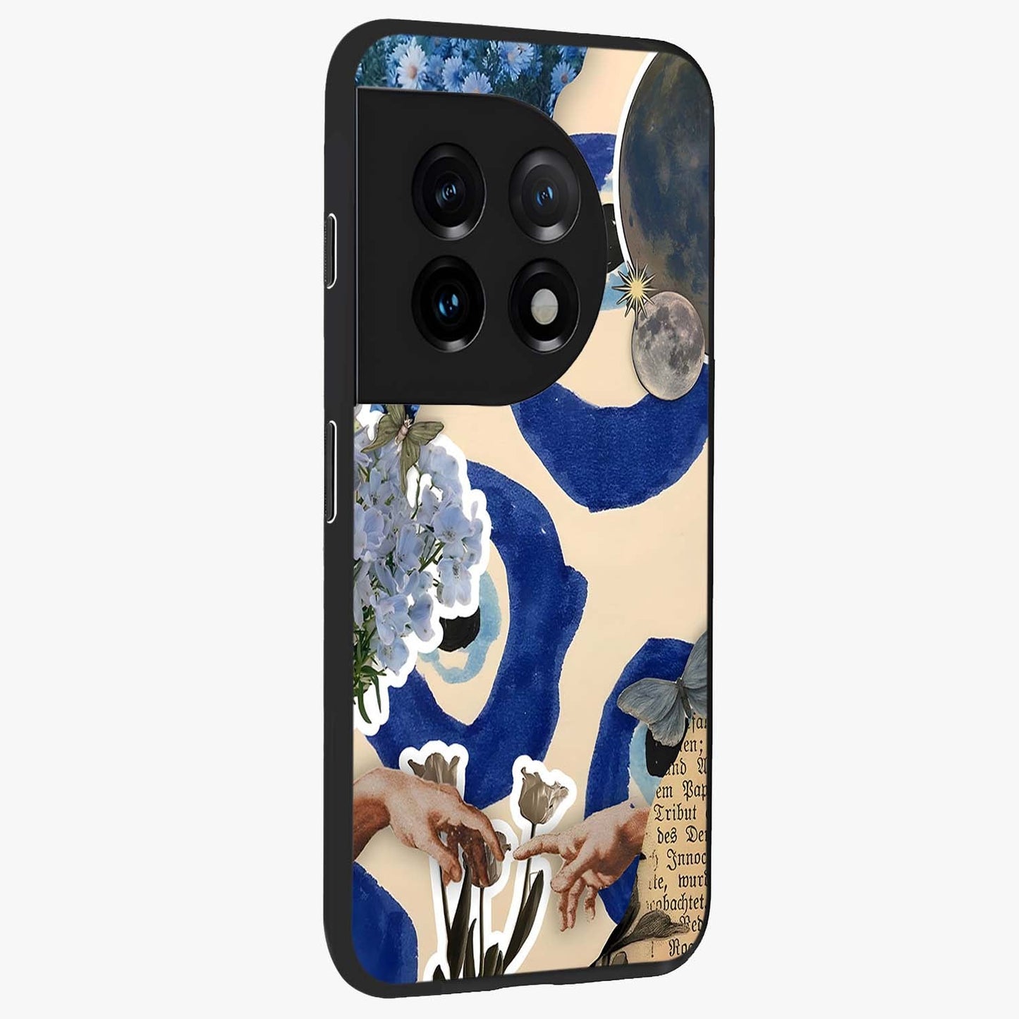 Blue Evil Divine Glass Case for 1+11 side perspective highlighting protective charm detailing and smooth premium edges