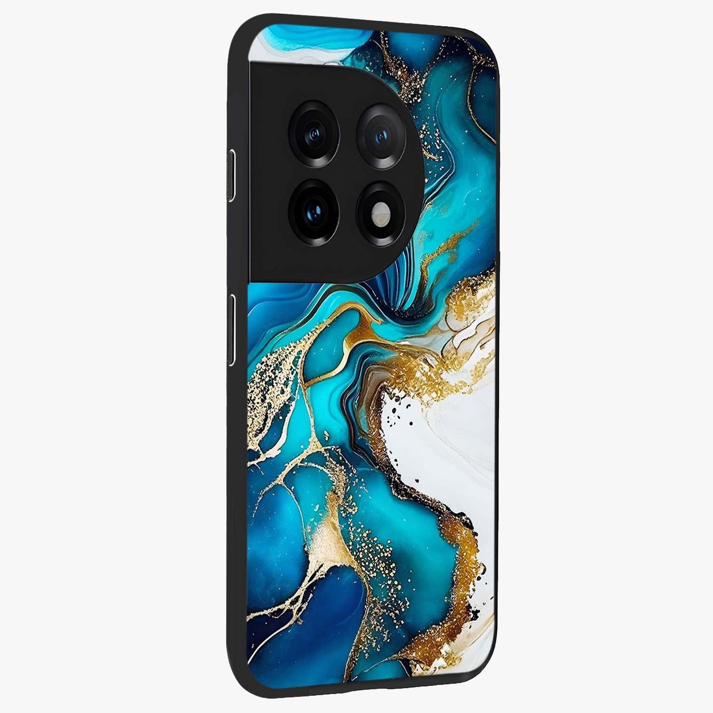 Blue and White Marble With Golden Viens Art Glass Case for 1+11 side perspective highlighting rich marble textures and elegant gold accents