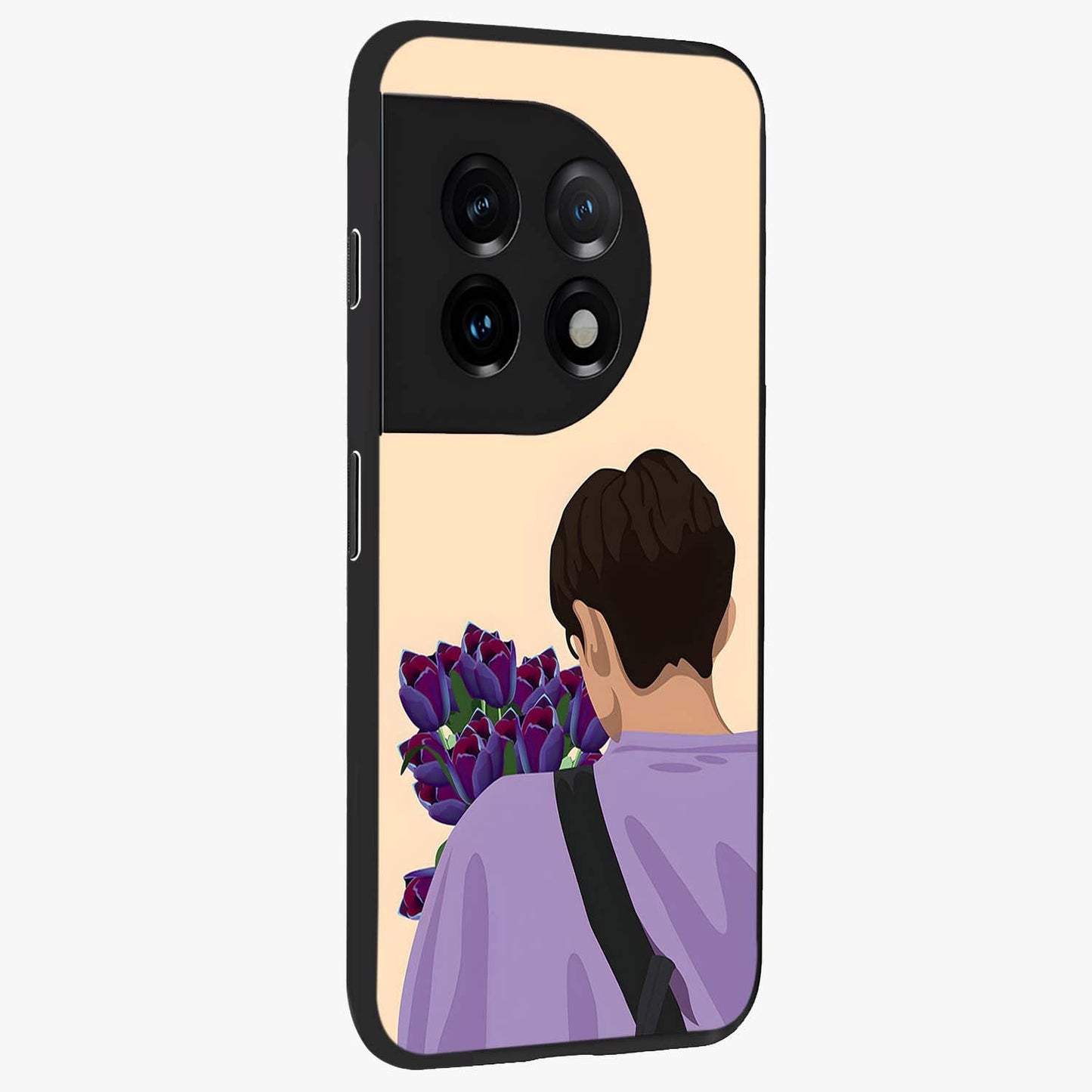 Boy Holding Flowers Glass Case for 1+11 side perspective highlighting delicate flower details and premium build