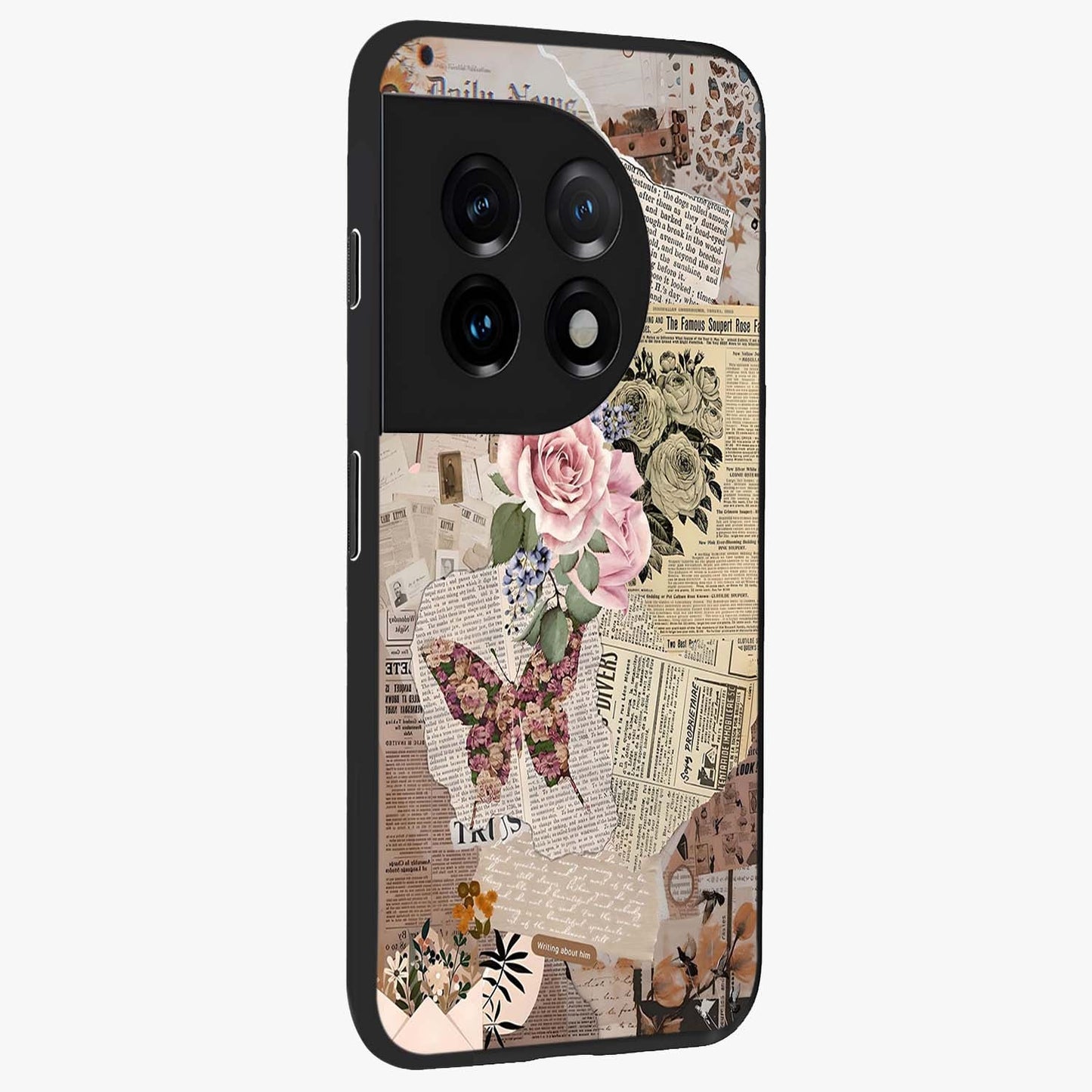 Butterfly News Bloom Glass Case for 1+11 side perspective highlighting intricate bloom details and premium finish