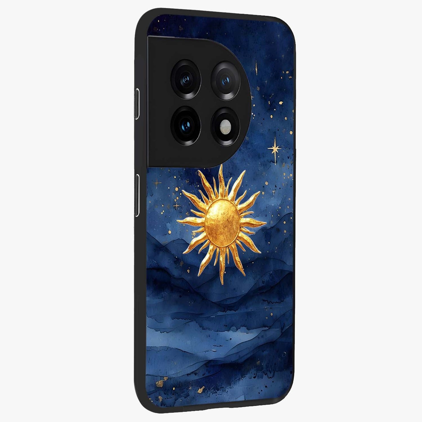 Celestial Blue Glow Glass Case for 1+11 side perspective highlighting vibrant glow detailing and sleek edges