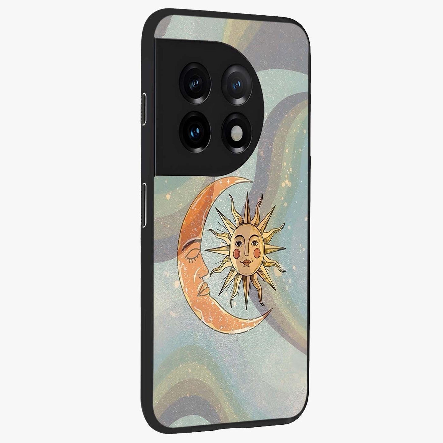 Celestial Harmony Vibes Glass Case for 1+11 side perspective highlighting harmonious detailing and sleek edges