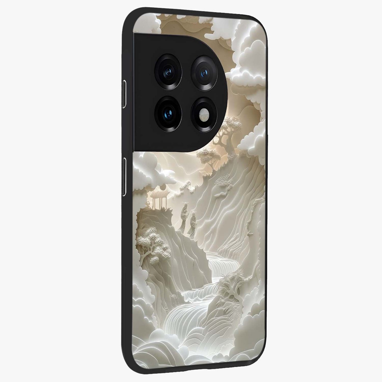 Celestial Origami Glass Case for 1+11 side perspective highlighting sharp detailing and smooth premium build